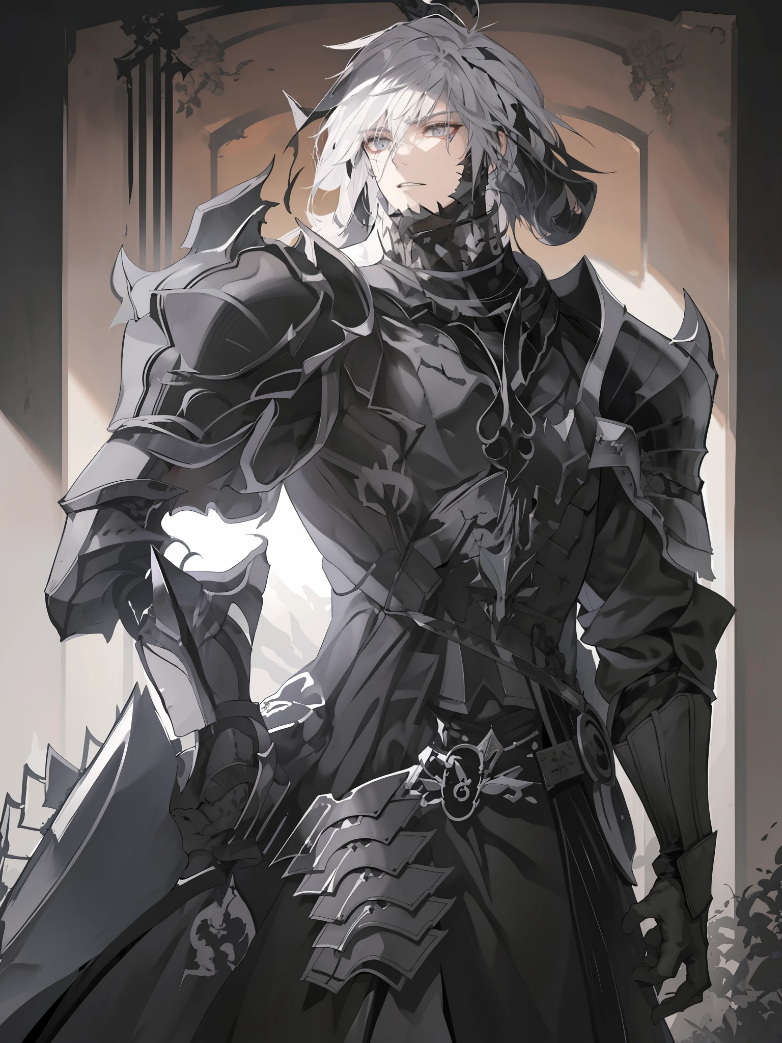 A closeup of a person with a sword and armor, pale black armor, black armor, of arknights, dark armor, wearing black armor, berserk skullknight black armor, sharp black armor, wearing a dark armor, a human male paladin, sharp black armor, shadowverse style, dark paladin, black armor, detailed anime key art, white hair