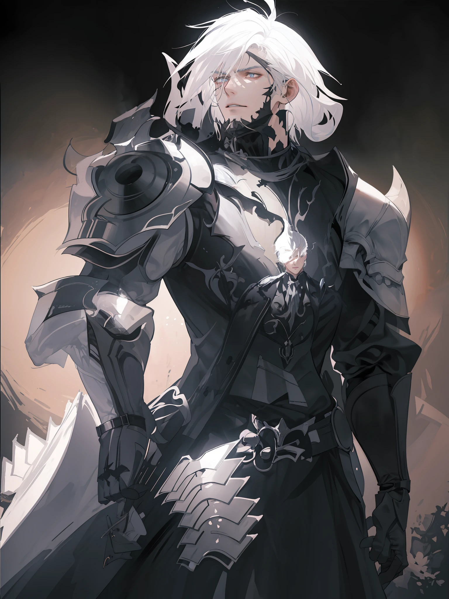 (gentleman with white hair:1.3, dark black steel armor), exceptional quality, high emotion factor, dramatic lighting, dynamic lights, deep shadows, limited color spectrum, gloomy environment.