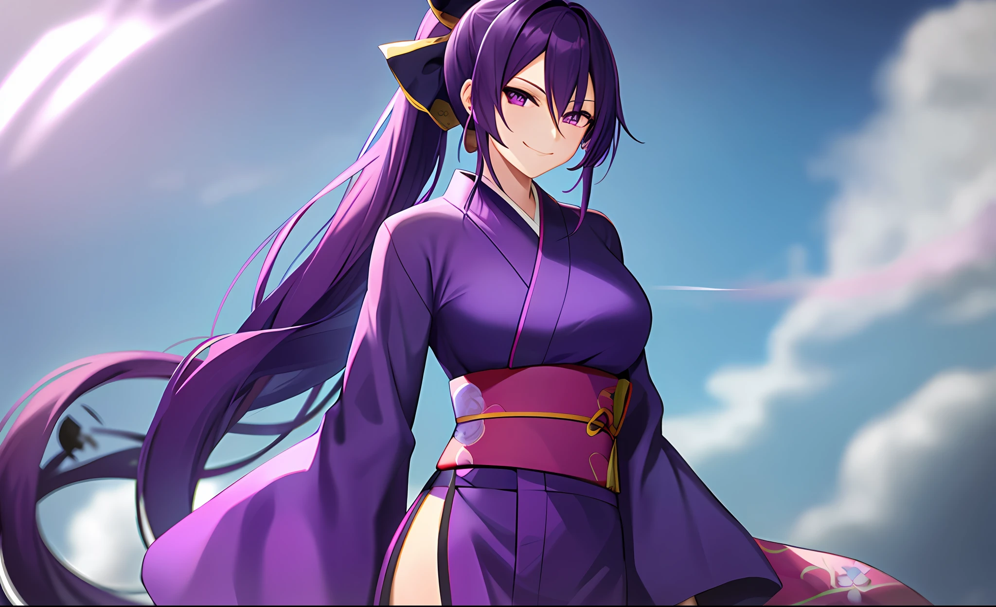 solo, a woman in a purple and blue yukata, long purple hair in ponytail, purple eyes, smirk, confident