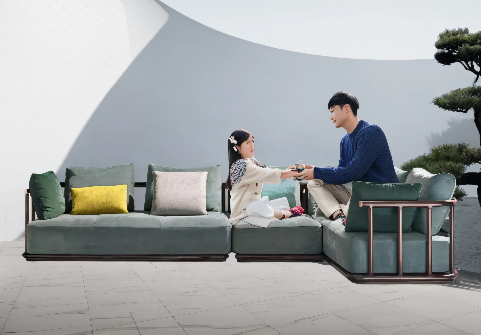 there is a man and woman sitting on a couch together, jia, living, exceptional, china, family, sofa, promo image, advertising photo, eora, trending ,, nanquan, dramatic. fantasy, bang olufsen, tiffany, tang mo, lounging on expensive sofa, high picture quality, showcase, have a sense of design, exquisite decoration