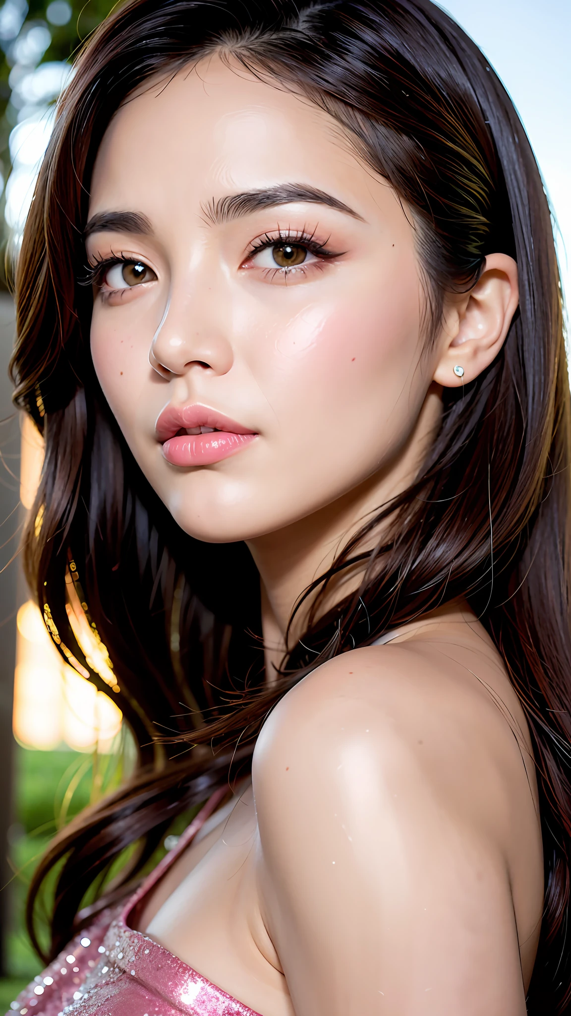 (8K, HDR, highres), ((((Photography, RAW photo, hyperrealism, masterpiece, best quality, ultra highres)))), (pin light, back light, backlighting, cinematic light), sharp focus:1. 4, (hyper detail, finely detailed), face close-up, close-up,
1girl, Oval-shaped face,
Large and pretty cat-like eyes with thick eyelashes,
Pointy nose,
Small and pretty but plump lips,
Thick eyebrows,
Long and pretty eyelashes,
Transparent makeup with a touch of pink blush and sparkling lip gloss,
Long wavy hairstyle,