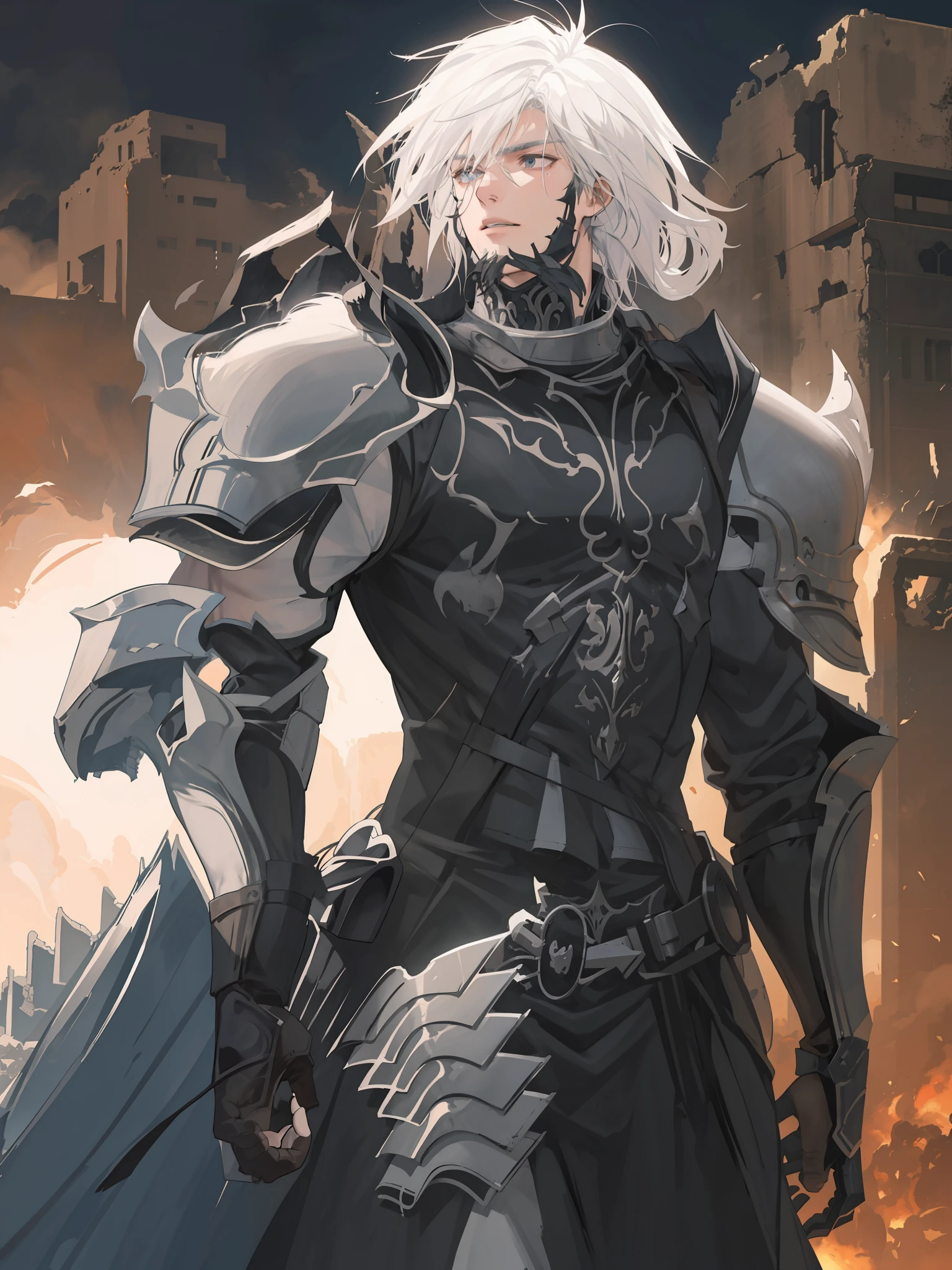 Epic high-definition digital painting of a white-haired warrior in black steel armor, standing in front of the destroyed ruins of a medieval city. Epic cinematic composition with dramatic lighting and dynamic angle.