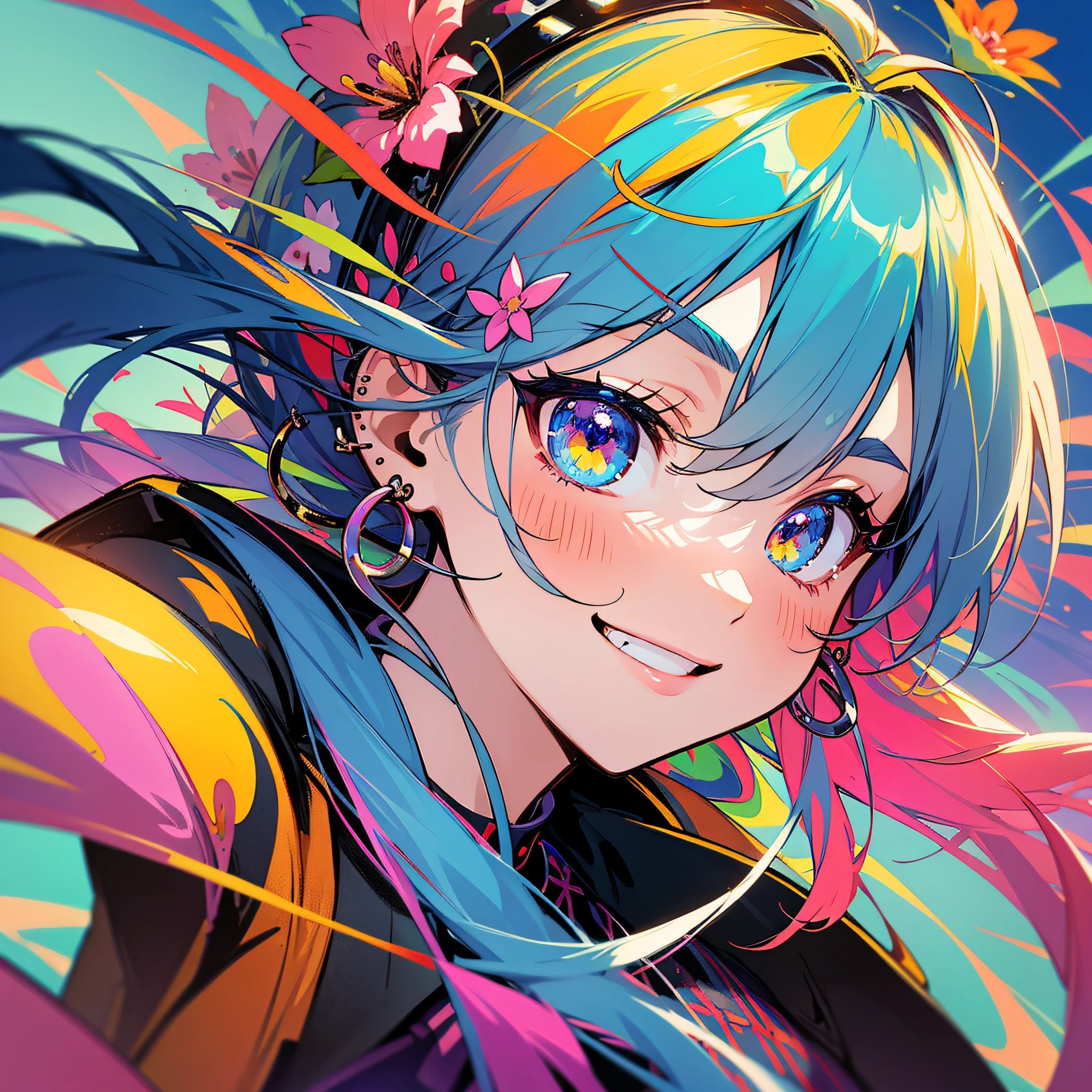 masterpiece, best quality, {best quality}, {{masterpiece}}, {highres}, focus, anime style, a closeup of a cartoon of a woman, 1girl, girl design, portrait, giesha, anime image, colored hair, polished and powerful look, exotic, happy, cheerful, rocker outfit, piercings, music, rock, sound, flowers, colorful, colors --auto --s2