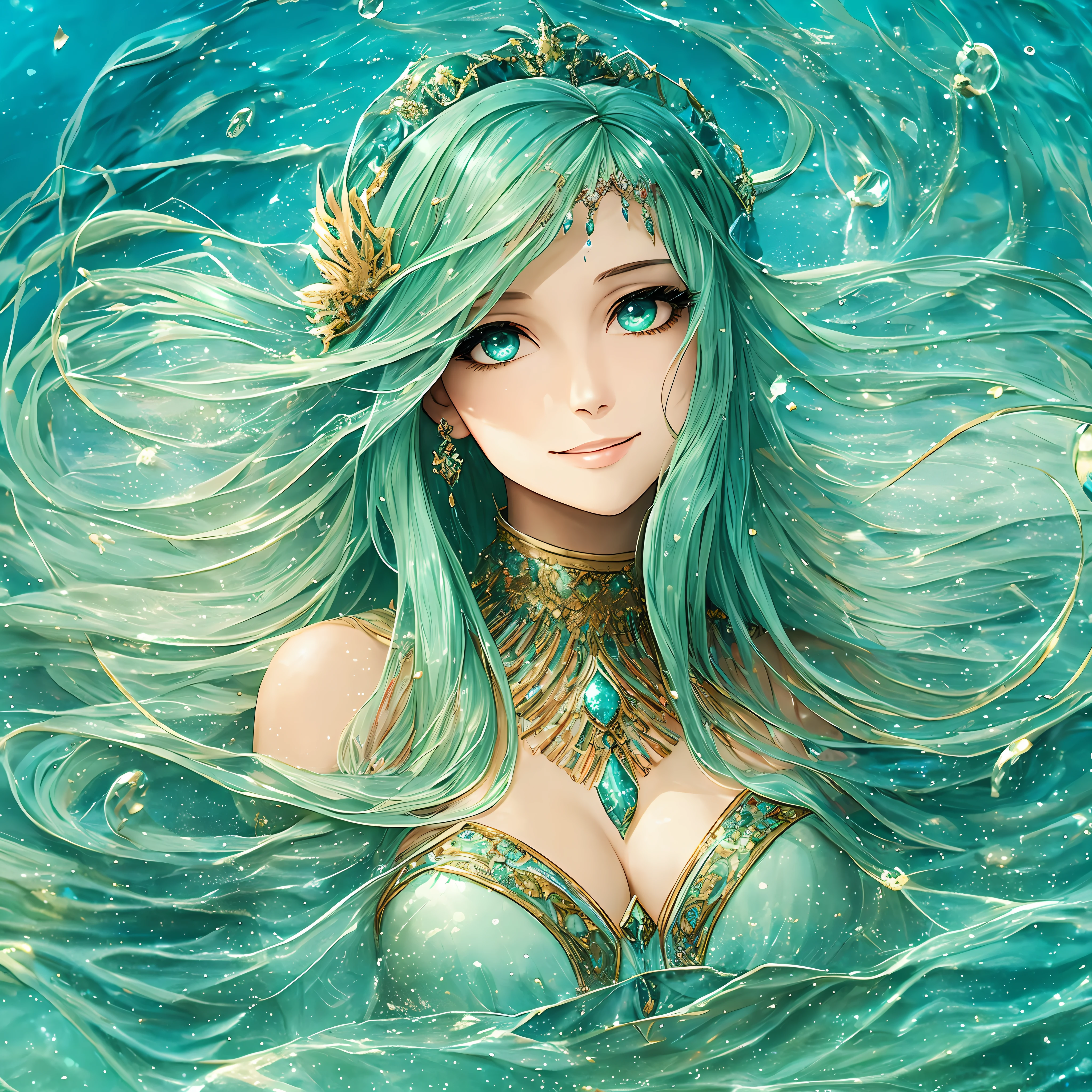 Female face, shy smile, sweet look, realistic image, queen of the waters, seabed, loose hair, greenish blue hair, glittering aura, underwater world --auto --s2