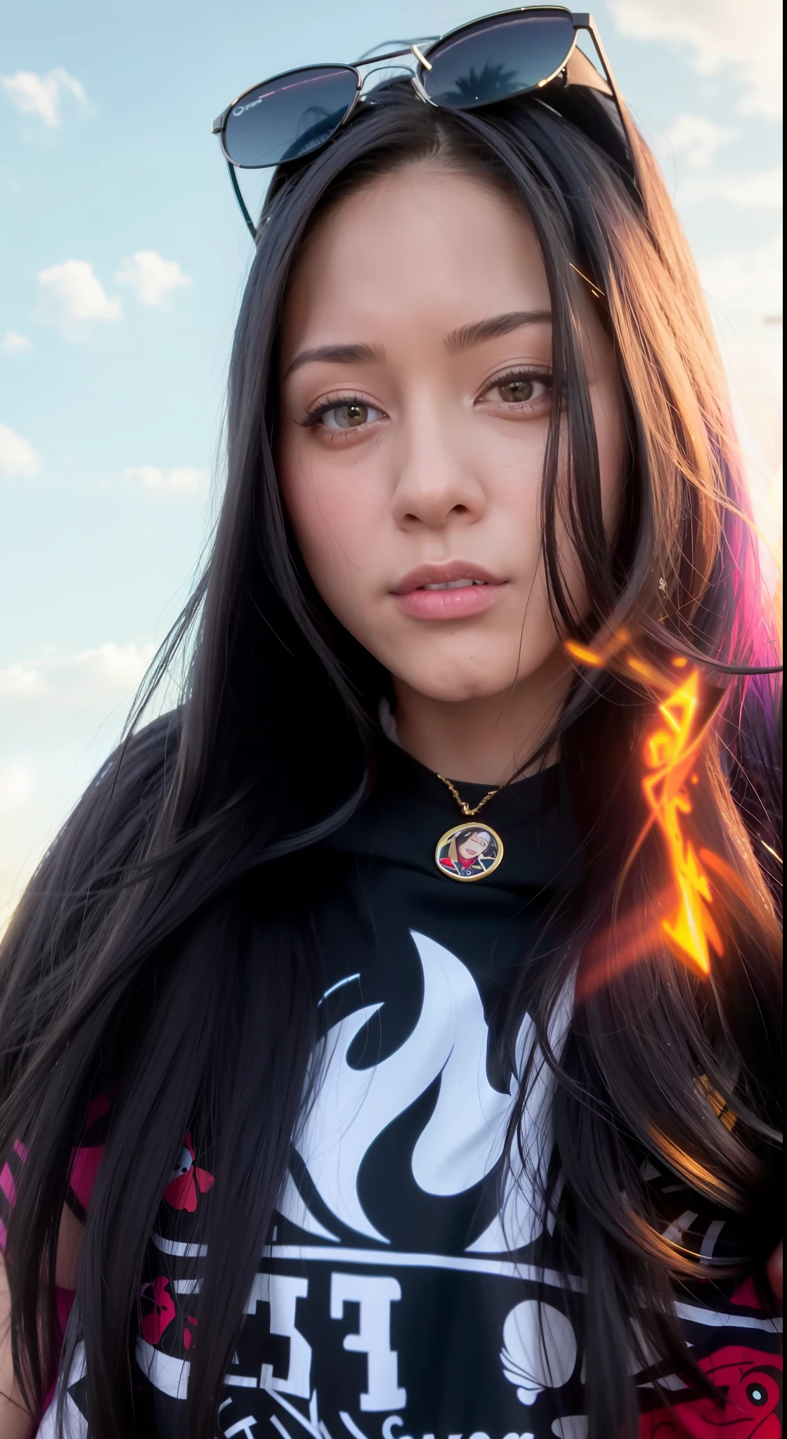 a close up of a woman with long black hair wearing sunglasses, her hair is on fire, tiktok video, low quality video, black haired girl wearing hoodie, instagram story, with straight black hair, beautiful mexican woman, violet myers, ayahausca, she has black hair with bangs, flames in the background, lorena avarez, alanis guillen