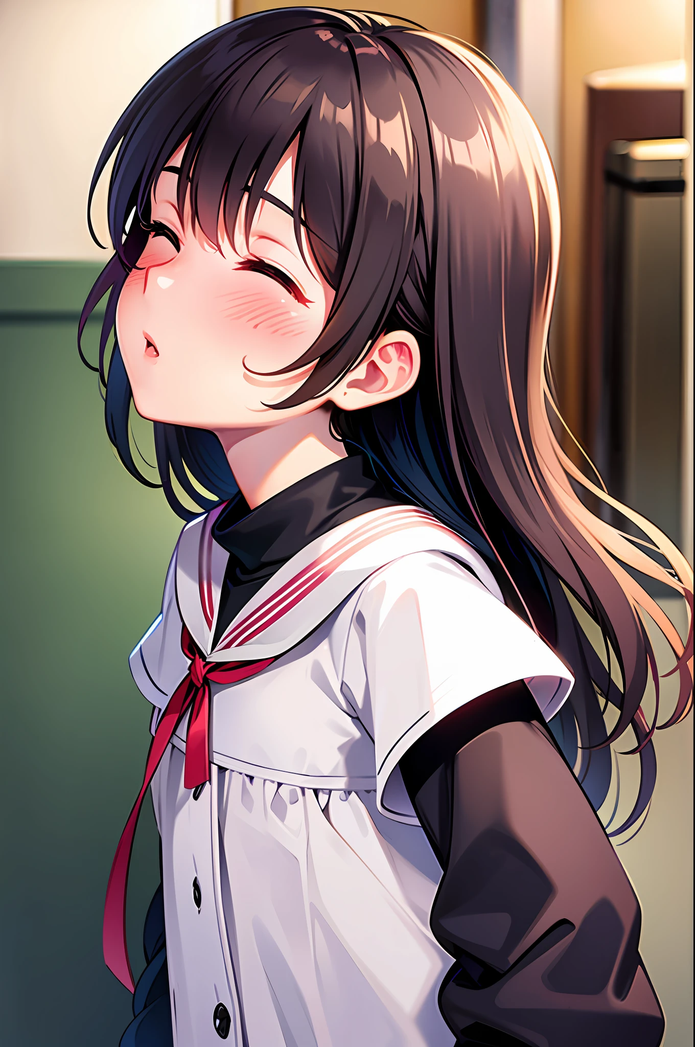 Girl, close eyes, stick out mouth, look up, blush, kiss for the first time
