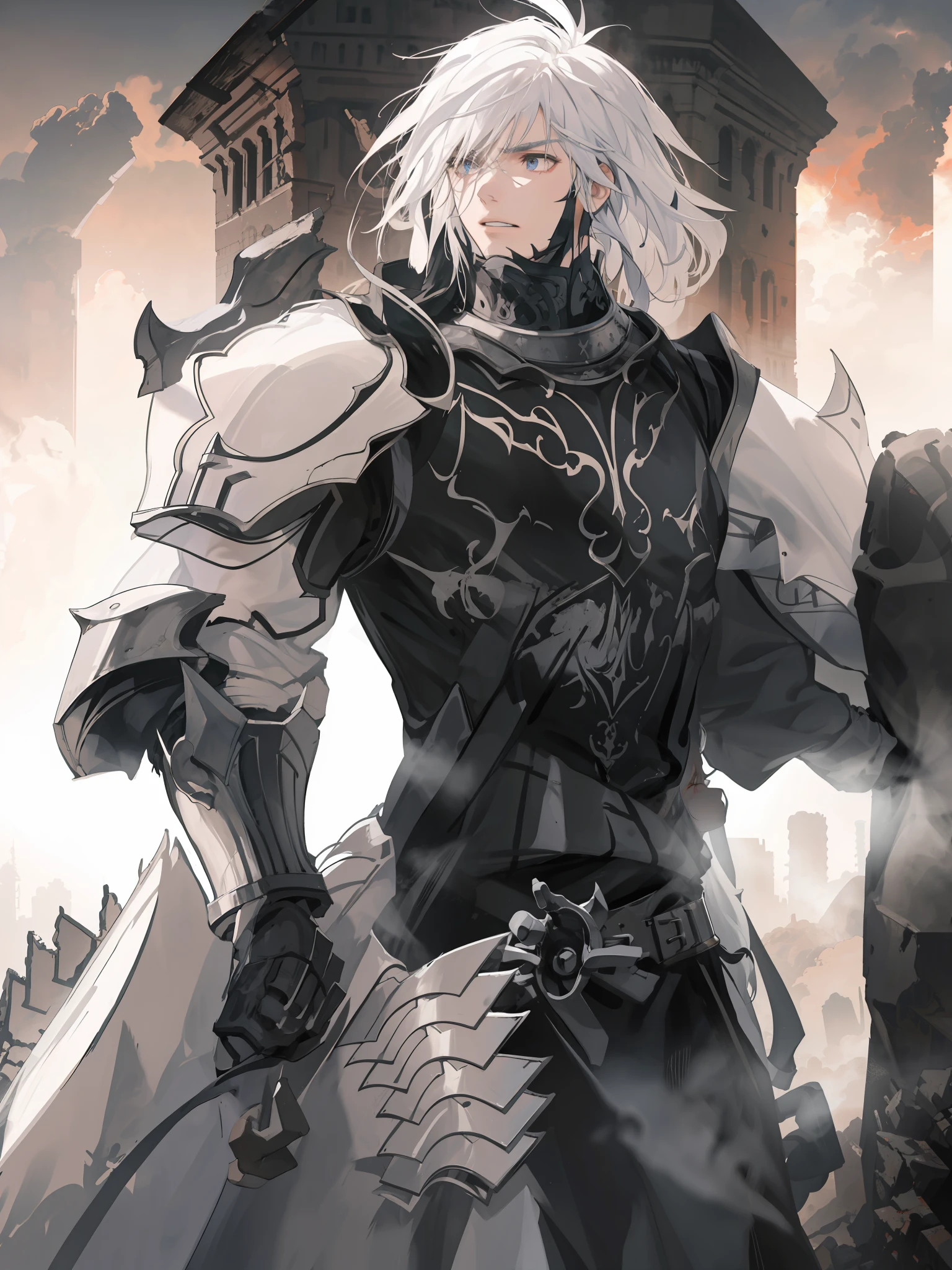 Cinematic scene of a white-haired warrior in black steel armor amid the destroyed ruins of a medieval city, epic composition with dramatic lighting and dynamic angle.