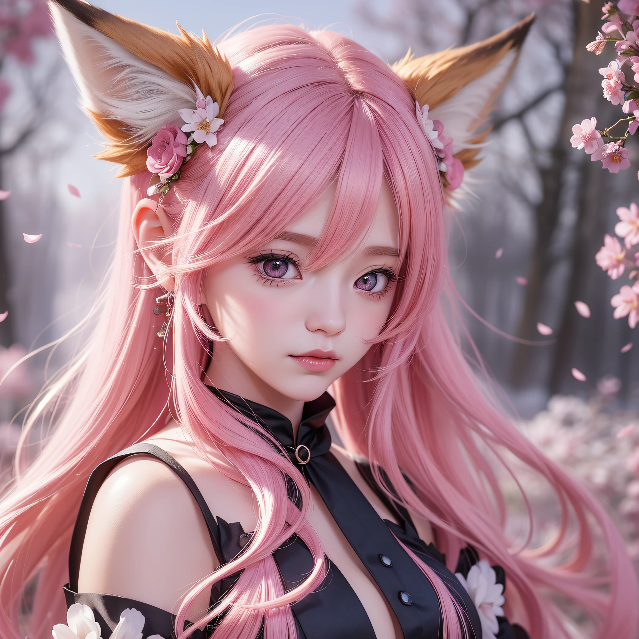Nine snow-white fox tails (1.0), milky fox tail (1.0), fox close-up of nine tails, nine-tails, nine-tails, anime girl with pink hair and pink dress with flowers on her hair, very beautiful anime fox girl, beautiful anime fox girl, beautiful fantasy anime, guweiz, anime girl with fox ears, beautiful anime girl, very beautiful and cute fox girl, pink flower rain, background blur, anime style 4 K, anime fantasy artwork, 4k anime wallpaper, Artwork in the Guvez style