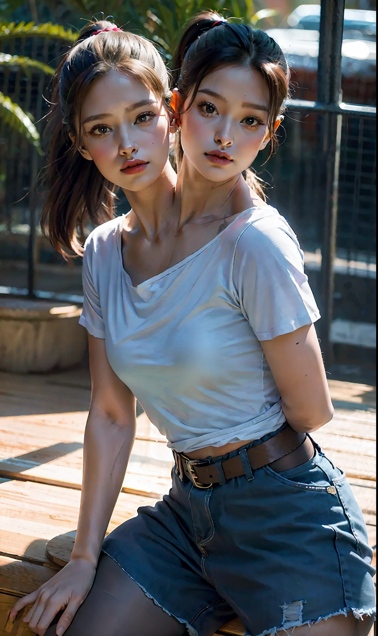 2heads, conjoined, masterpiece, best quality, cutest boy in the world, chubby,feminine face, ponytail,Colombian, 37 years old, super cute, dynamic pose, model, cool and seductive, dramatic lighting, sexy,big bulge in crotch, erection noticeable, low cut t shirt, no body hair, pantyhose,2heads, conjoined, sfw