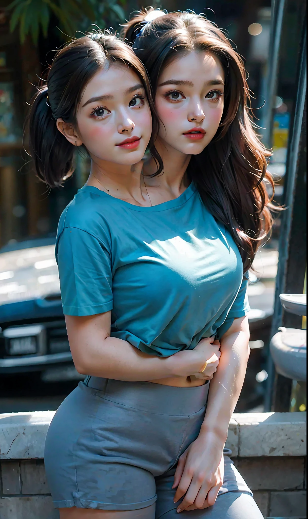 2heads, conjoined, masterpiece, best quality, cutest boy in the world, chubby,feminine face, ponytail,Colombian, 37 years old, super cute, dynamic pose, model, cool and seductive, dramatic lighting, sexy,big bulge in crotch, erection noticeable, low cut t shirt, no body hair, pantyhose,2heads, conjoined, sfw