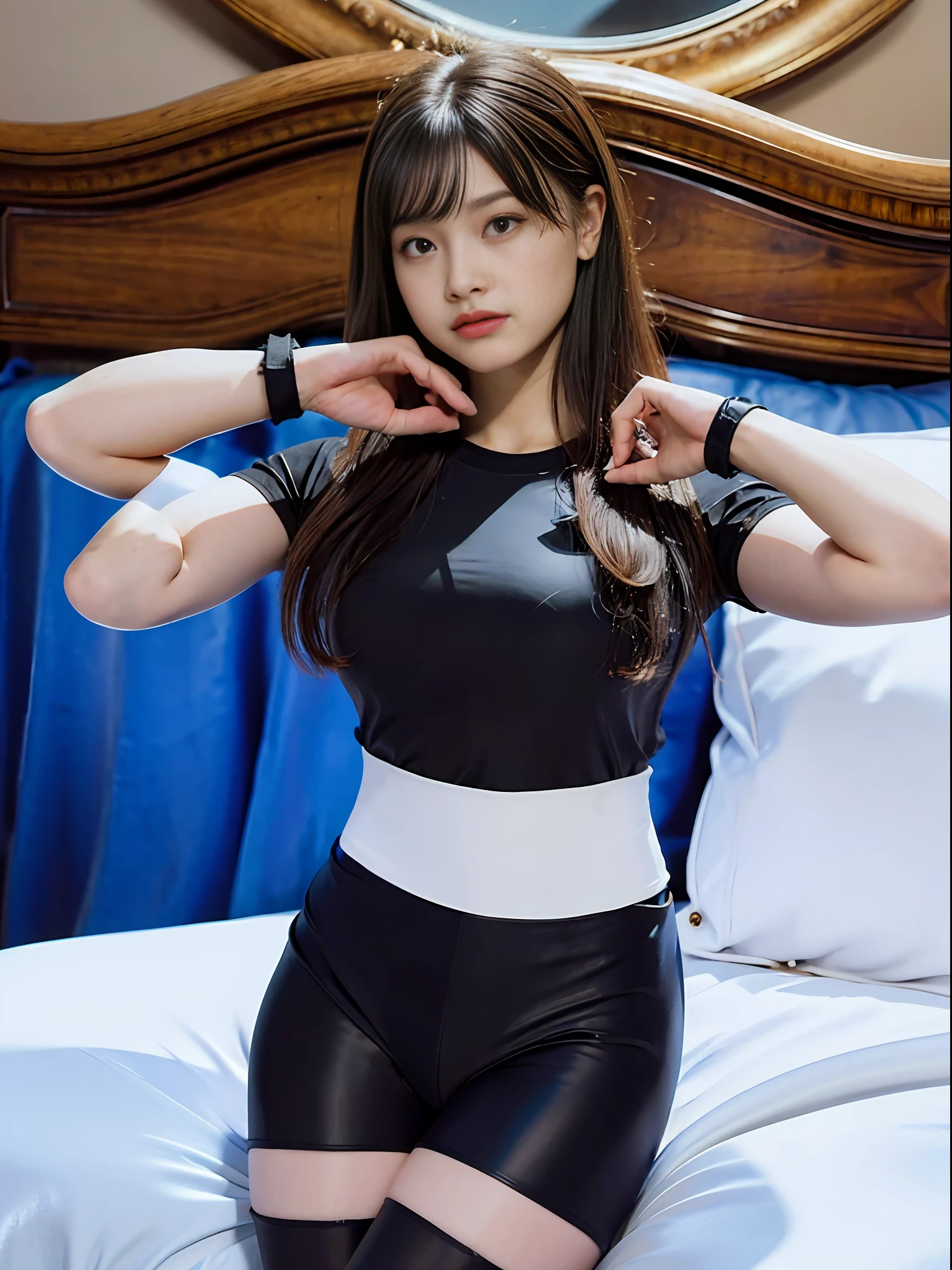 8k, RAW Photos, Top Quality, Masterpiece: 1.27), (Realistic, Photorealistic: 1.37), One Girl, Cute, Professional Lighting, Physically Based Rendering, Handsome, Masterpiece, Best Quality, High Definition, Bed, Sit, Top Quality Photos, High Definition, 1080p, (Clear Face), (Detailed Face Description), (Detailed Hand Description), (Masterpiece), (Elaborate CG), ( detailed facial features), (quality photo), (masterpiece), (detailed eyes),((Black spandex shorts that Thigh Length:1.37)), simple costumes, sailor uniform, white gloves, skirt, pleated skirt,