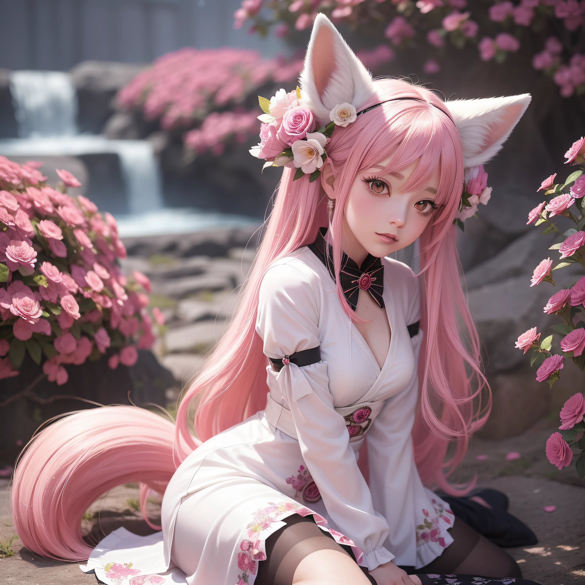 Nine snow-white fox tails (1.0), milky fox tail (1.0), fox close-up of nine tails, nine-tails, nine-tails, anime girl with pink hair and pink dress with flowers on her hair, very beautiful anime fox girl, beautiful anime fox girl, beautiful fantasy anime, guweiz, anime girl with fox ears, beautiful anime girl, very beautiful and cute fox girl, pink flower rain, background blur, anime style 4 K, anime fantasy artwork, 4k anime wallpaper, Artwork in the Guvez style