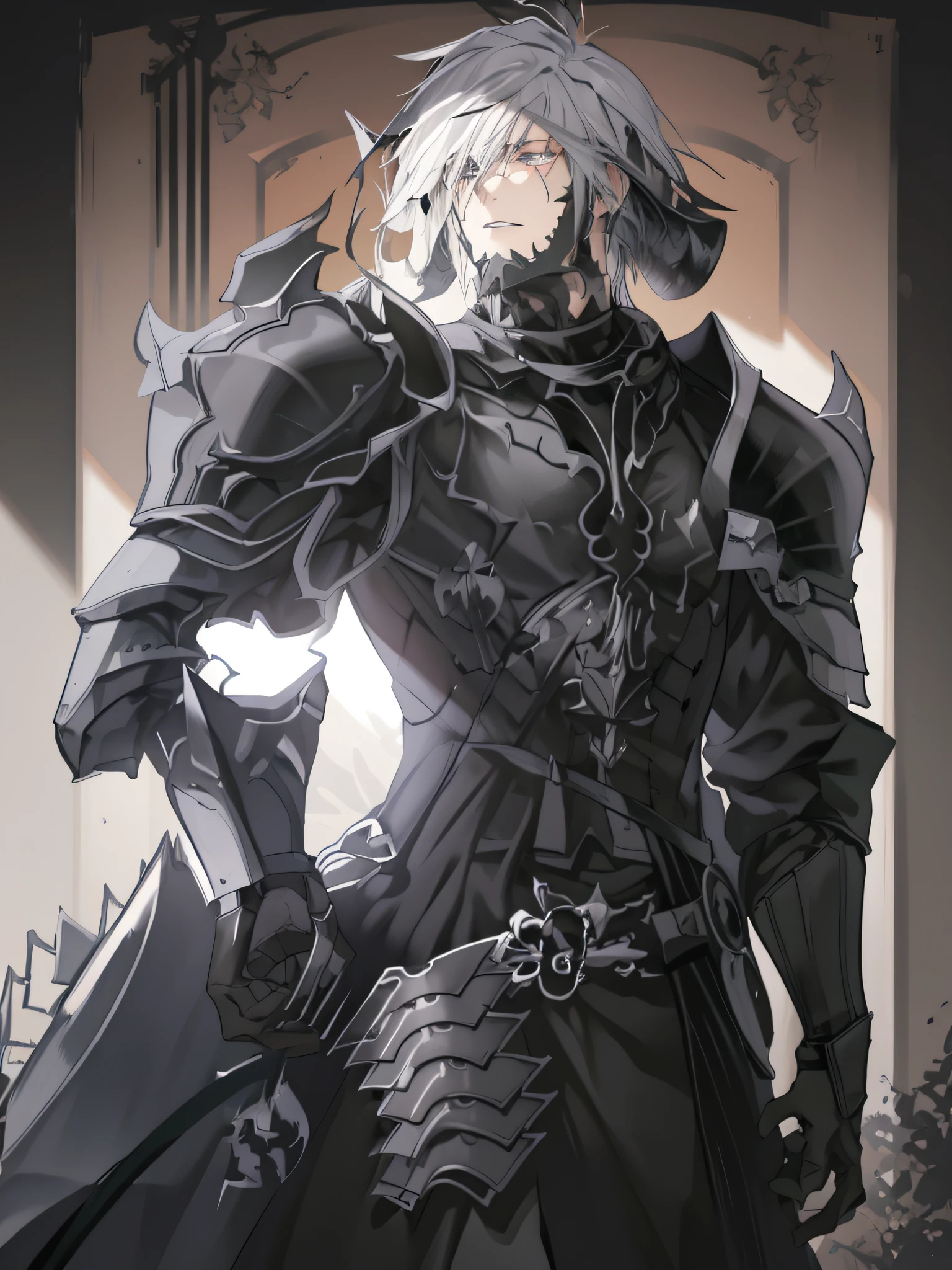 A closeup of a person with a sword and armor, pale black armor, black armor, of arknights, dark armor, wearing black armor, berserk skullknight black armor, sharp black armor, wearing a dark armor, a human male paladin, sharp black armor, shadowverse style, dark paladin, black armor, detailed anime key art, white hair