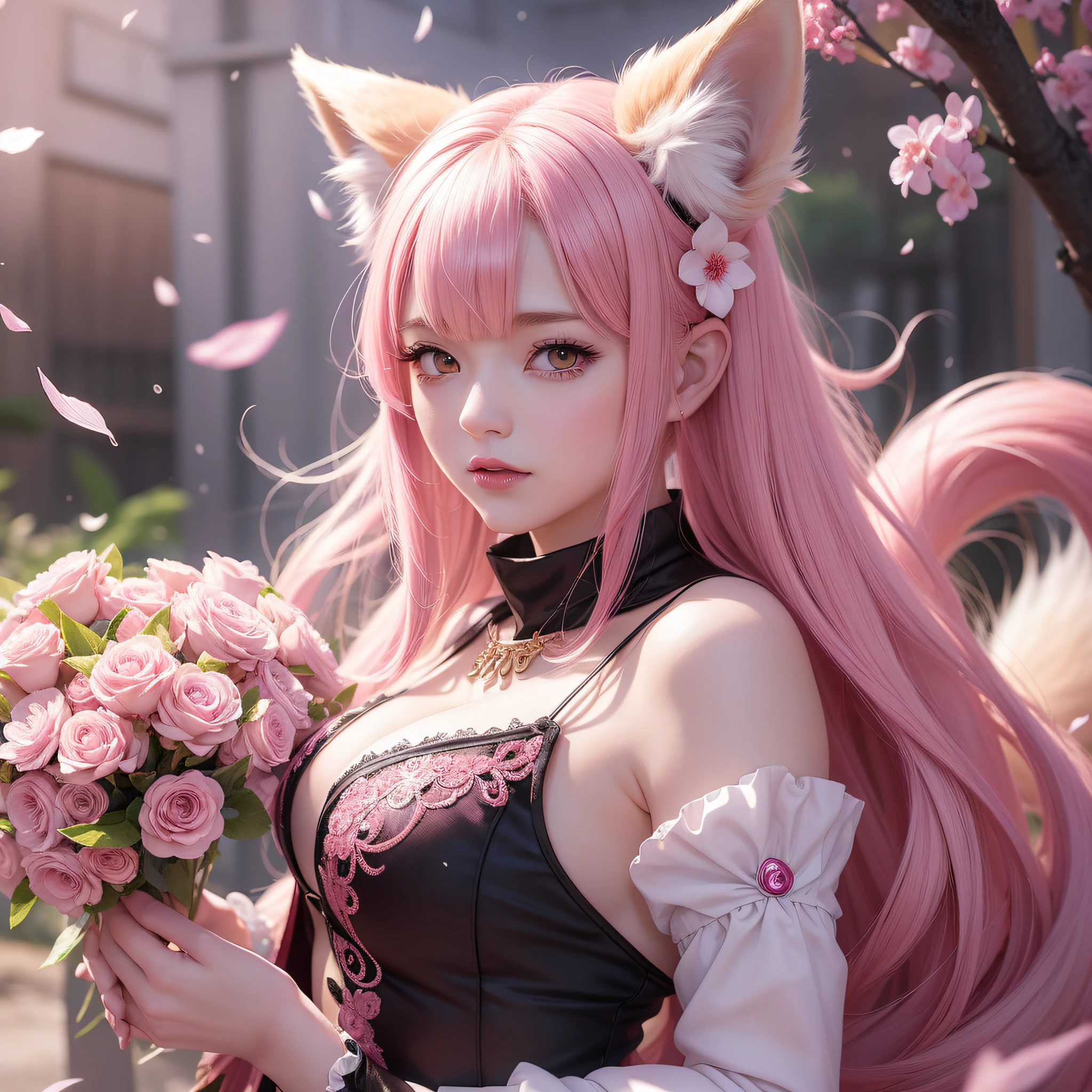 Nine snow-white fox tails (1.0), milky fox tail (1.0), fox close-up of nine tails, nine-tails, nine-tails, anime girl with pink hair and pink dress with flowers on her hair, very beautiful anime fox girl, beautiful anime fox girl, beautiful fantasy anime, guweiz, anime girl with fox ears, beautiful anime girl, very beautiful and cute fox girl, pink flower rain, background blur, anime style 4 K, anime fantasy artwork, 4k anime wallpaper, Artwork in the Guvez style