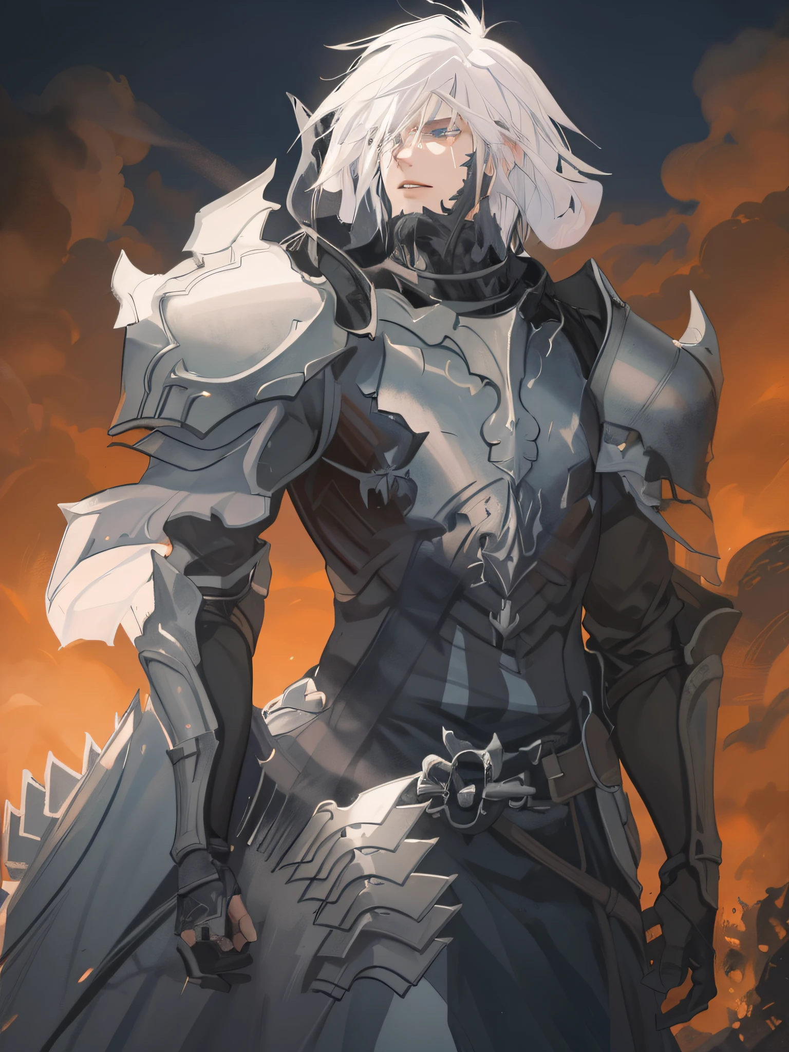 Epic high-definition digital painting of a white-haired warrior in black steel armor, standing in front of the destroyed ruins of a medieval city. Epic cinematic composition with dramatic lighting and dynamic angle.