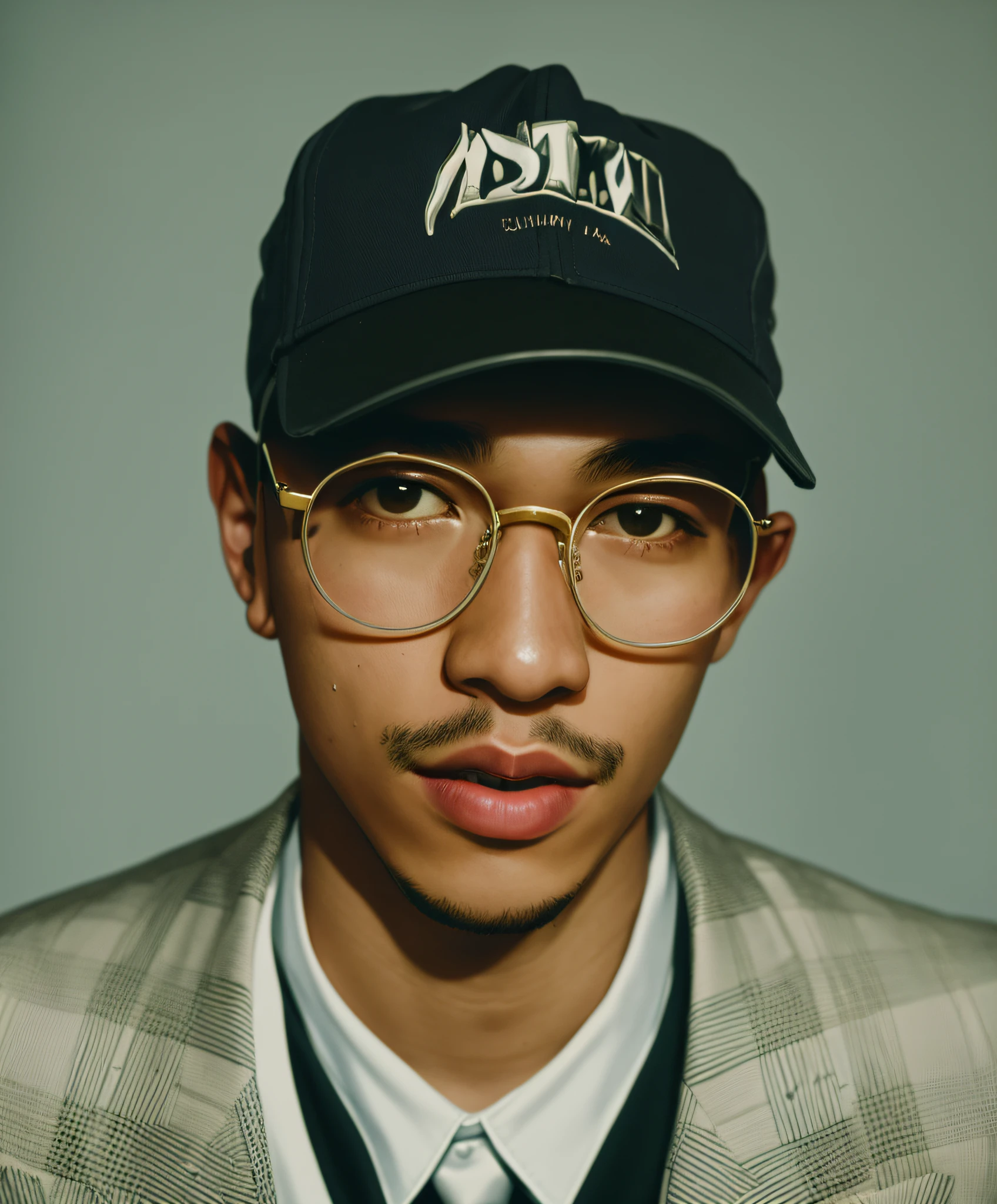 there is a man wearing a hat and glasses and a tie, bad bunny, gregg araki, shigeto koyama, photo in style of tyler mitchell, inspired by Zhu Da, araki, andrew thomas huang, mid shot portrait, reuben wu, steven jung, high quality portrait, anton, asian man, asian male, taejune kim