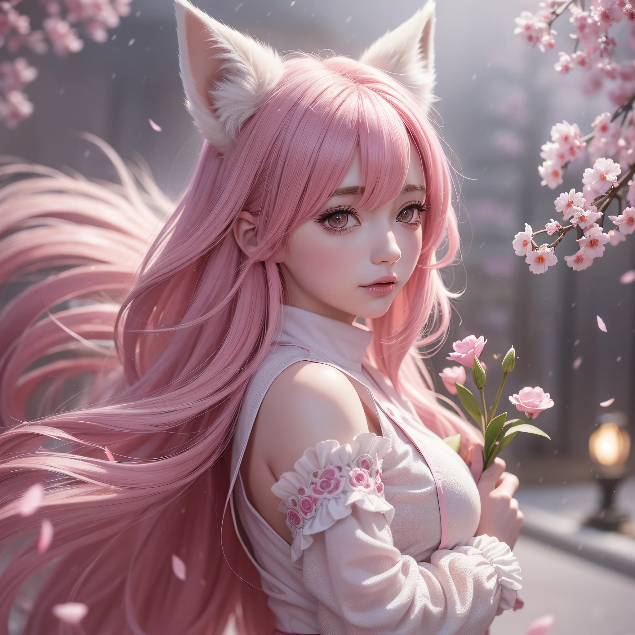 Nine snow-white fox tails (1.0), milky fox tail (1.0), fox close-up of nine tails, nine-tails, nine-tails, anime girl with pink hair and pink dress with flowers on her hair, very beautiful anime fox girl, beautiful anime fox girl, beautiful fantasy anime, guweiz, anime girl with fox ears, beautiful anime girl, very beautiful and cute fox girl, pink flower rain, background blur, anime style 4 K, anime fantasy artwork, 4k anime wallpaper, Artwork in the Guvez style