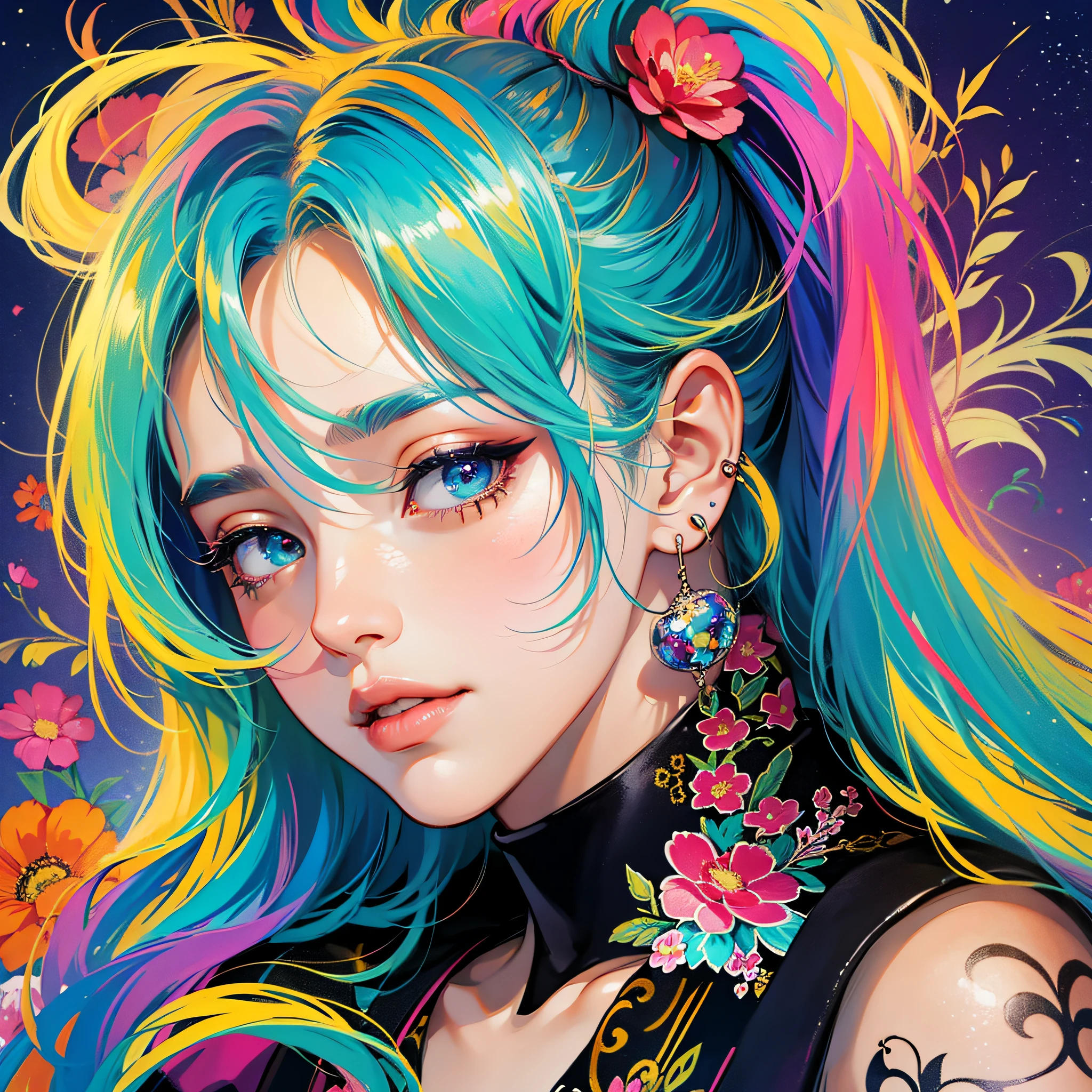 masterpiece, best quality, {best quality}, {{masterpiece}}, {highres}, focus, anime style, a closeup of a cartoon of a woman, 1girl, girl design, portrait, giesha, anime image, colored hair, polished and powerful look, exotic, happy, cheerful, rocker clothes, piercings, music, tattoo, sound, flowers, colorful, colors --auto --s2