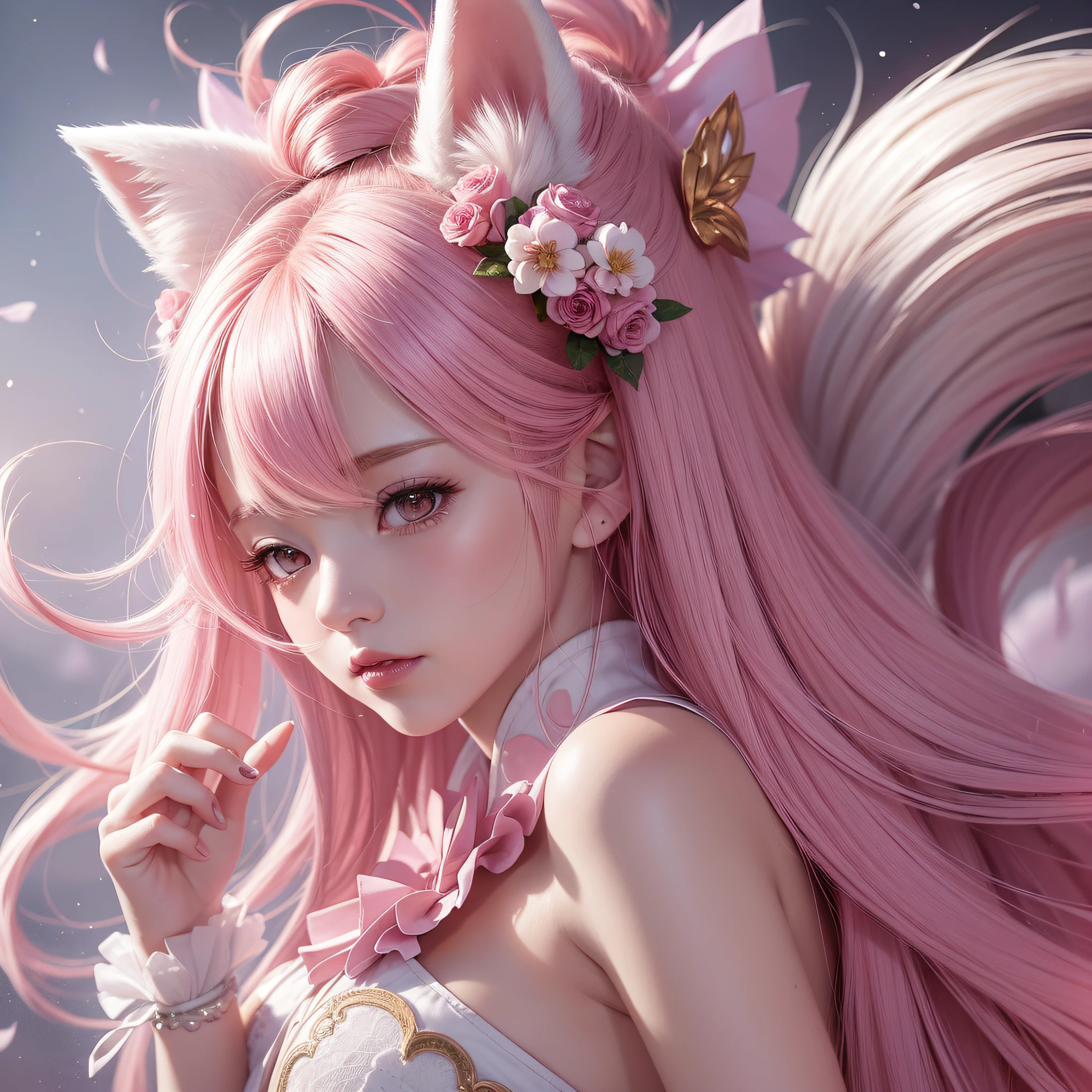 Nine snow-white fox tails (1.0), milky fox tail (1.0), fox close-up of nine tails, nine-tails, nine-tails, anime girl with pink hair and pink dress with flowers on her hair, very beautiful anime fox girl, beautiful anime fox girl, beautiful fantasy anime, guweiz, anime girl with fox ears, beautiful anime girl, very beautiful and cute fox girl, pink flower rain, background blur, anime style 4 K, anime fantasy artwork, 4k anime wallpaper, Artwork in the Guvez style