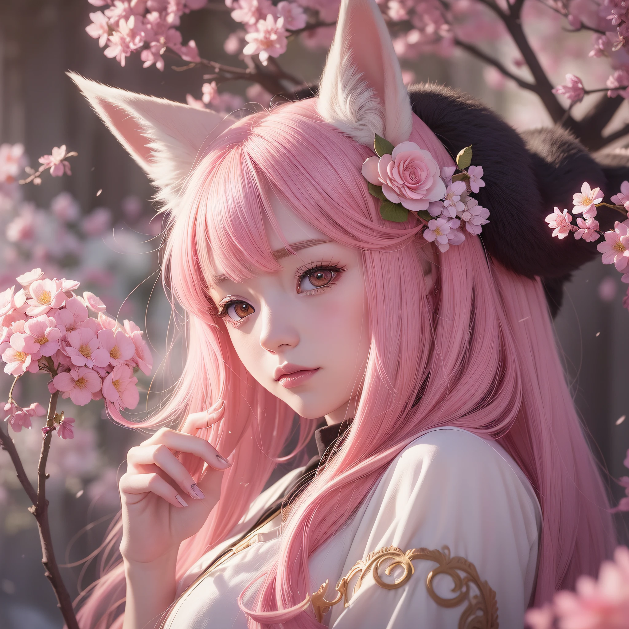 Nine-tailed fox, nine snow-white fox tails (1.0), milky fox tail (1.0), fox close-up of nine tails, nine-tailed, nine-tailed, anime girl with pink hair and pink dress with flowers on her hair, very beautiful anime fox girl, beautiful anime fox girl,, beautiful fantasy anime, guweiz, anime girl with fox ears, beautiful anime girl, very pretty cute fox girl, pink flower rain, background blur, anime style 4 K, Anime fantasy artwork, 4k anime wallpaper, Guvez style artwork