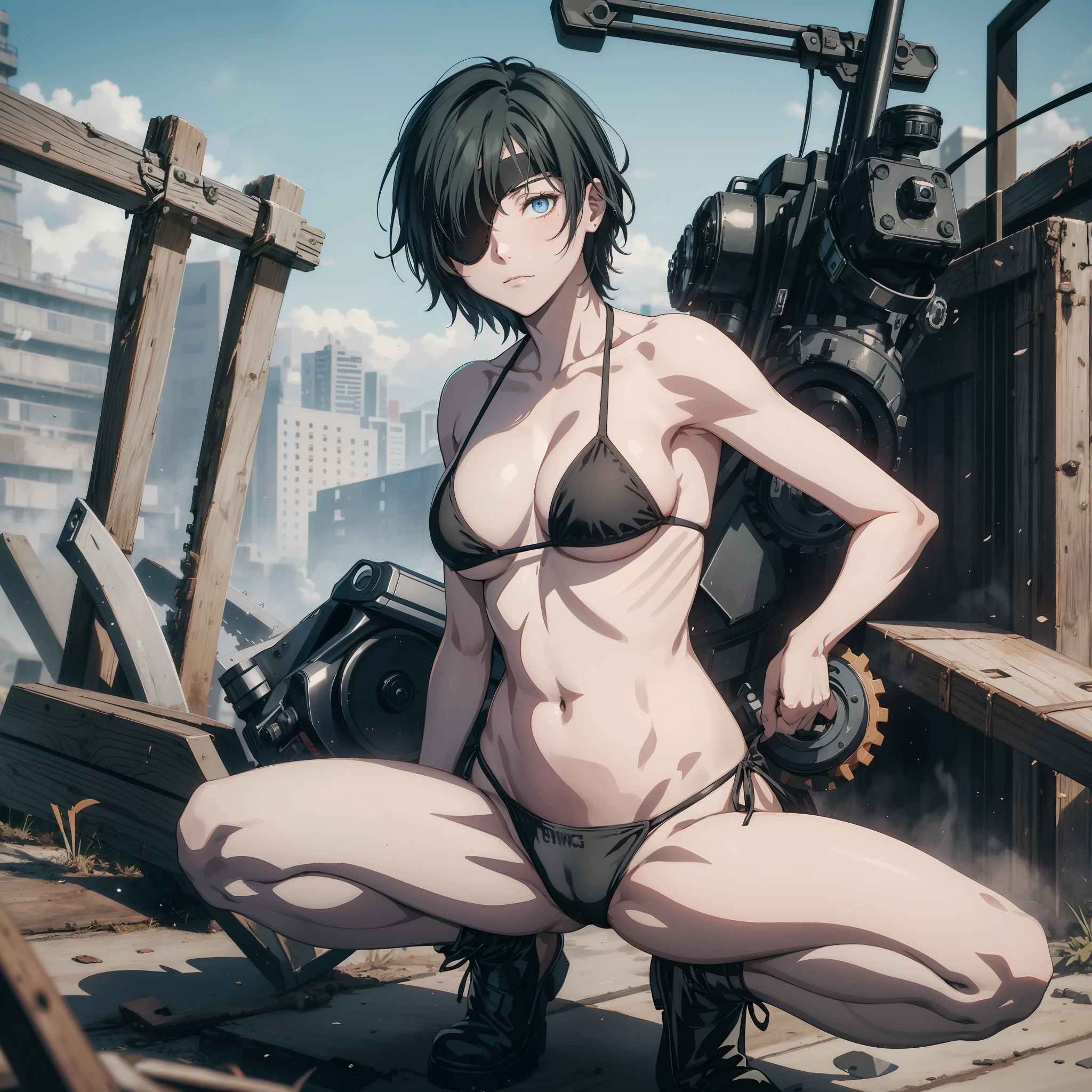 black eye patch, right eye covering, short hair, blue eyes, short black,black eye patch, 1girl, himeno (chainsaw man), masterpiece, best quality, high resolution, , eye patch, chest, cowboy shot, outdoor, bikini, spread legs, squatting,background sea,HMN1,sea,micro bikini,from behind,back shot