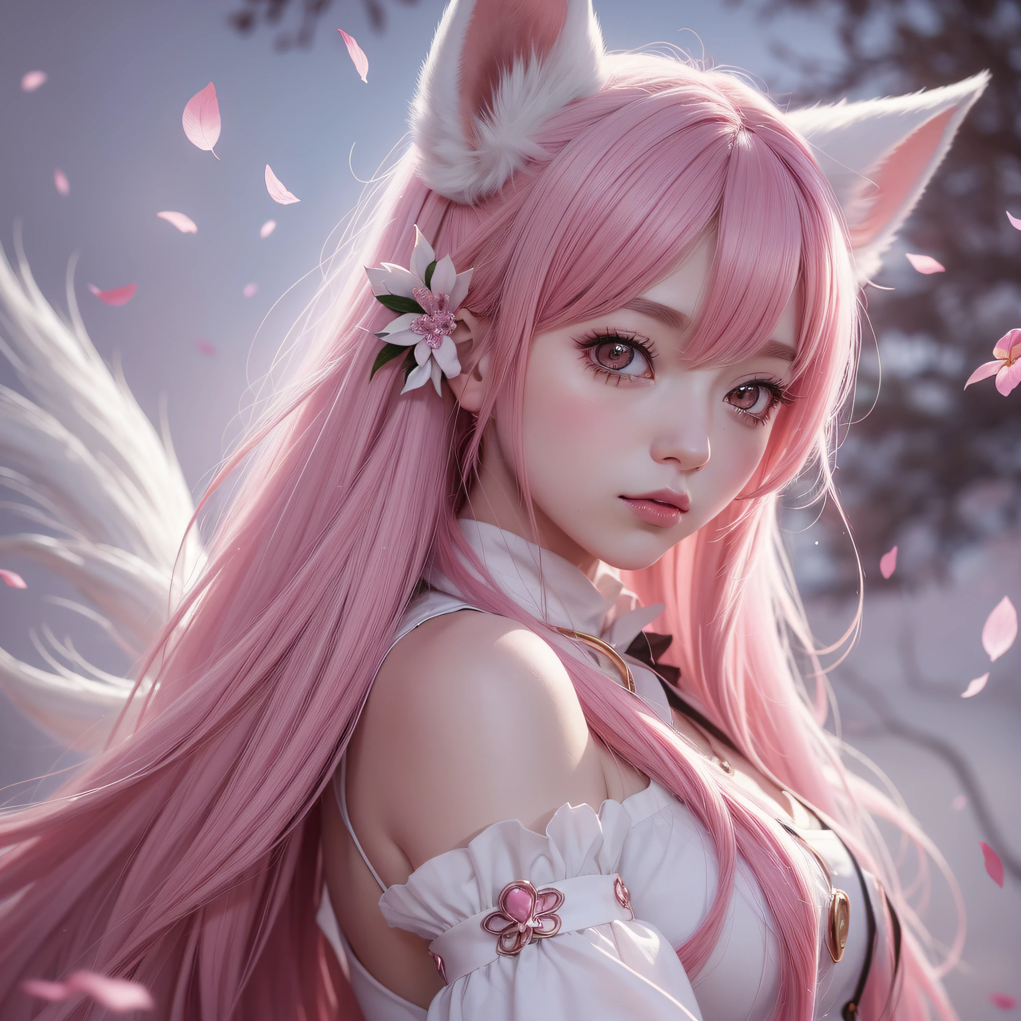 Nine-tailed fox, nine snow-white fox tails (1.0), milky fox tail (1.0), fox close-up of nine tails, nine-tailed, nine-tailed, anime girl with pink hair and pink dress with flowers on her hair, very beautiful anime fox girl, beautiful anime fox girl,, beautiful fantasy anime, guweiz, anime girl with fox ears, beautiful anime girl, very pretty cute fox girl, pink flower rain, background blur, anime style 4 K, Anime fantasy artwork, 4k anime wallpaper, Guvez style artwork