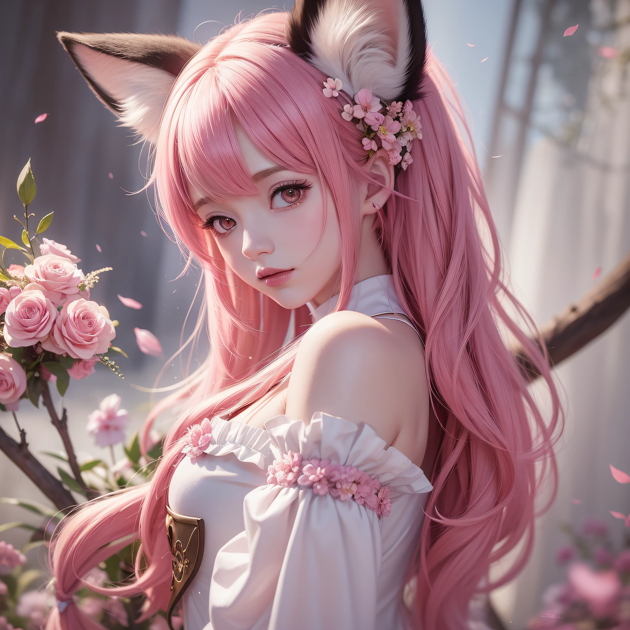Nine snow-white fox tails (1.0), milky fox tail (1.0), fox close-up of nine tails, nine-tails, nine-tails, anime girl with pink hair and pink dress with flowers on her hair, very beautiful anime fox girl, beautiful anime fox girl, beautiful fantasy anime, guweiz, anime girl with fox ears, beautiful anime girl, very beautiful and cute fox girl, pink flower rain, background blur, anime style 4 K, anime fantasy artwork, 4k anime wallpaper, Artwork in the Guvez style