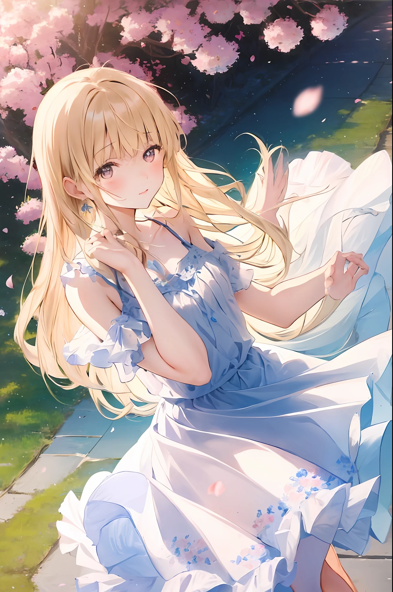 Cornflower art, dreamy
cherry_blossoms, falling_petals, petal, branch, pink_flower, 1 girl,20 years old, blue_sky, spring_\(season), petals_on_liquid, flowers, hanami, dress,wearing garland,sky, outdoors, clouds, bangs, smile, pink_eyes, white skirt with cherry blossom decoration, bare_ shoulders, earrings, holding_flower, wind, tree, looking_at_viewer,cowboy shots, caramel eyes, blonde hair, skirt soaring in the wind, white shorts,