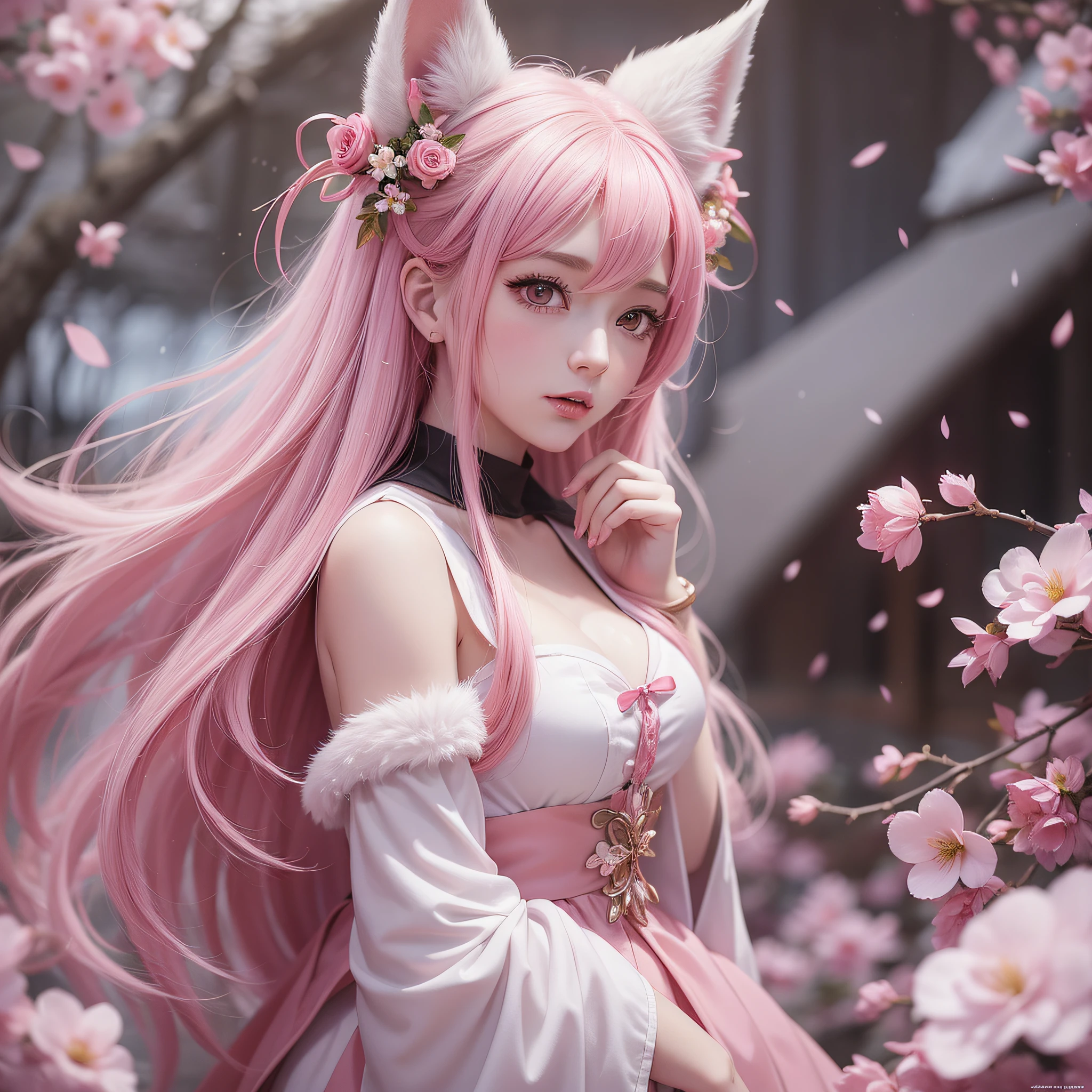 Nine snow-white fox tails (1.0), milky fox tail (1.0), fox close-up of nine tails, nine-tails, nine-tails, anime girl with pink hair and pink dress with flowers on her hair, very beautiful anime fox girl, beautiful anime fox girl, beautiful fantasy anime, guweiz, anime girl with fox ears, beautiful anime girl, very beautiful and cute fox girl, pink flower rain, background blur, anime style 4 K, anime fantasy artwork, 4k anime wallpaper, Artwork in the Guvez style