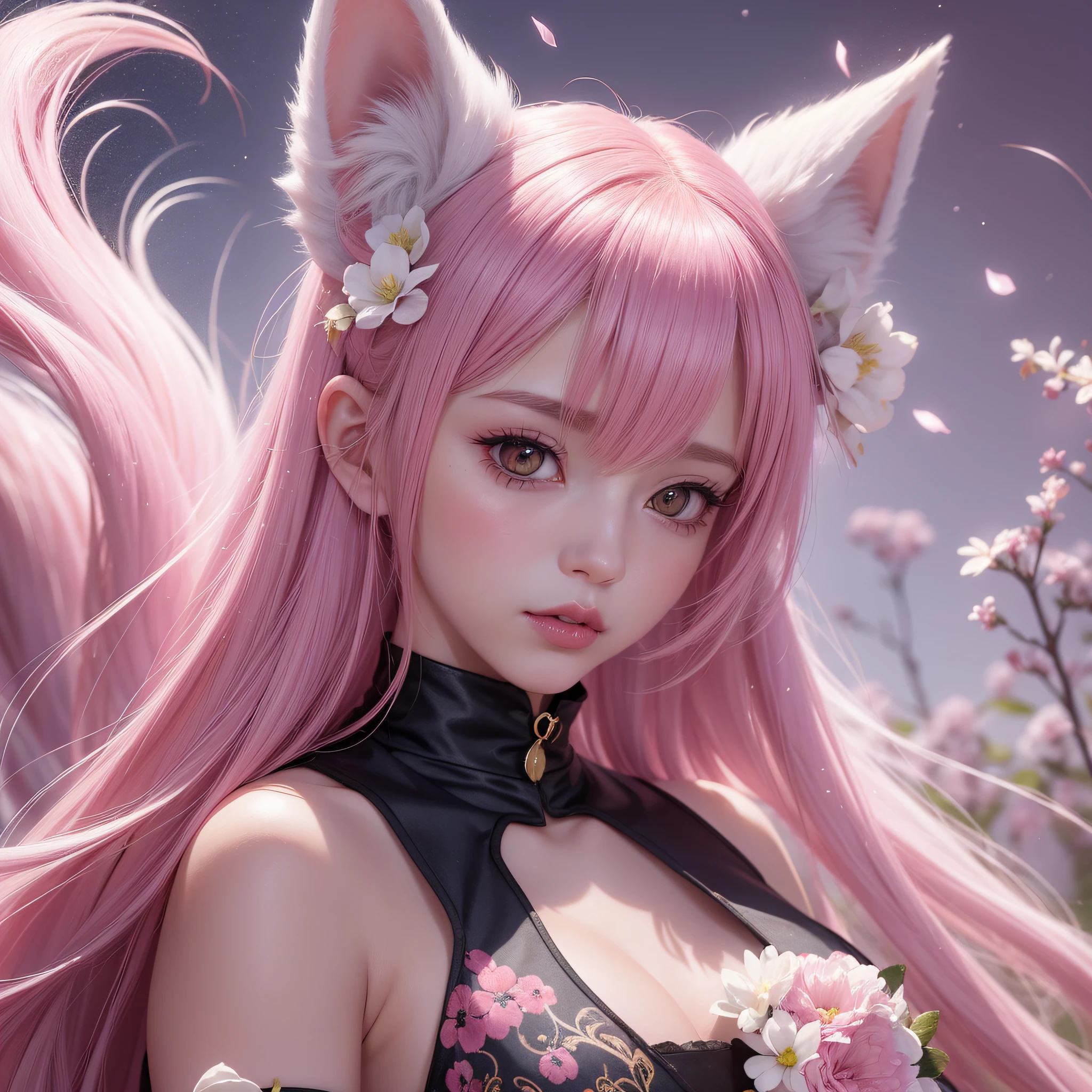 Nine snow-white fox tails (1.0), milky fox tail (1.0), fox close-up of nine tails, nine-tails, nine-tails, anime girl with pink hair and pink dress with flowers on her hair, very beautiful anime fox girl, beautiful anime fox girl, beautiful fantasy anime, guweiz, anime girl with fox ears, beautiful anime girl, very beautiful and cute fox girl, pink flower rain, background blur, anime style 4 K, anime fantasy artwork, 4k anime wallpaper, Artwork in the Guvez style