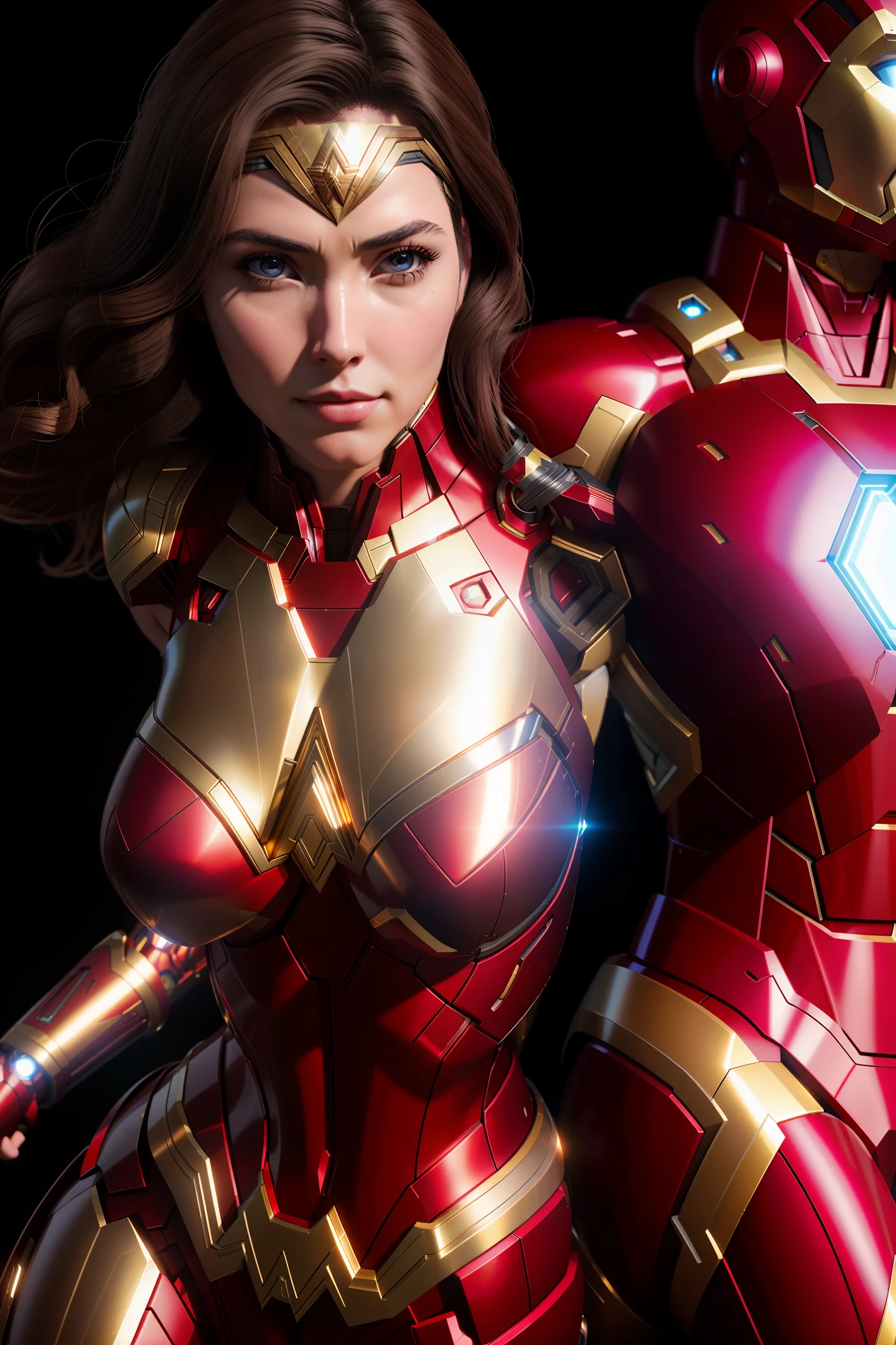 Wonder woman as iron man dramatic dynamic octane render global illumination ray tracing 85-mm-lens intricate details vaporwave unreal engine 5 art by MindArtA.I