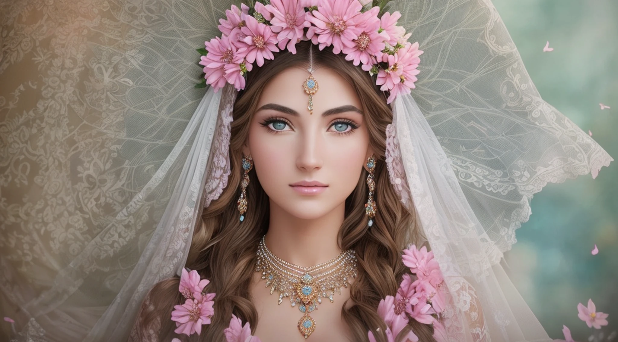 Professional photo of a WOMAN looking 30 years old, BEAUTIFUL, LIGHT brown hair, light blue eyes, clean skin, loving expression, WEARING A TRANSPARENT VEIL OF LIGHT WITH SMALL COLORED FLOWERS AS AN ORNAMENT, A BRIGHT NECKLACE OF LIGHT, WHITE DRESS, SLIGHTLY PINK BY THE SHOULDERS, PINK ENERGY OVER THE HEAD. Professional photo, high quality, Full HD, 16K, sharp focus, high resolution, masterpiece, realistic, professional photography. A closeup of a woman wearing a wedding dress and a Tiable, Queen of Heaven, Portrait of the Queen of Light, Close-up portrait of the Goddess, Goddess of Love and Peace, Portrait of the Goddess, Portrait of the Goddess 3D, Goddess Aphrodite of Love, Portrait of a beautiful goddess, Beautiful Goddess, Sacred feminine, Majestic holy woman, A stunning portrait of a goddess. AS A BACKDROP TEMPLE OF DIVINE GRACE. WOMAN, WOMAN, WOMAN. REAL PHOTO. --auto --s2