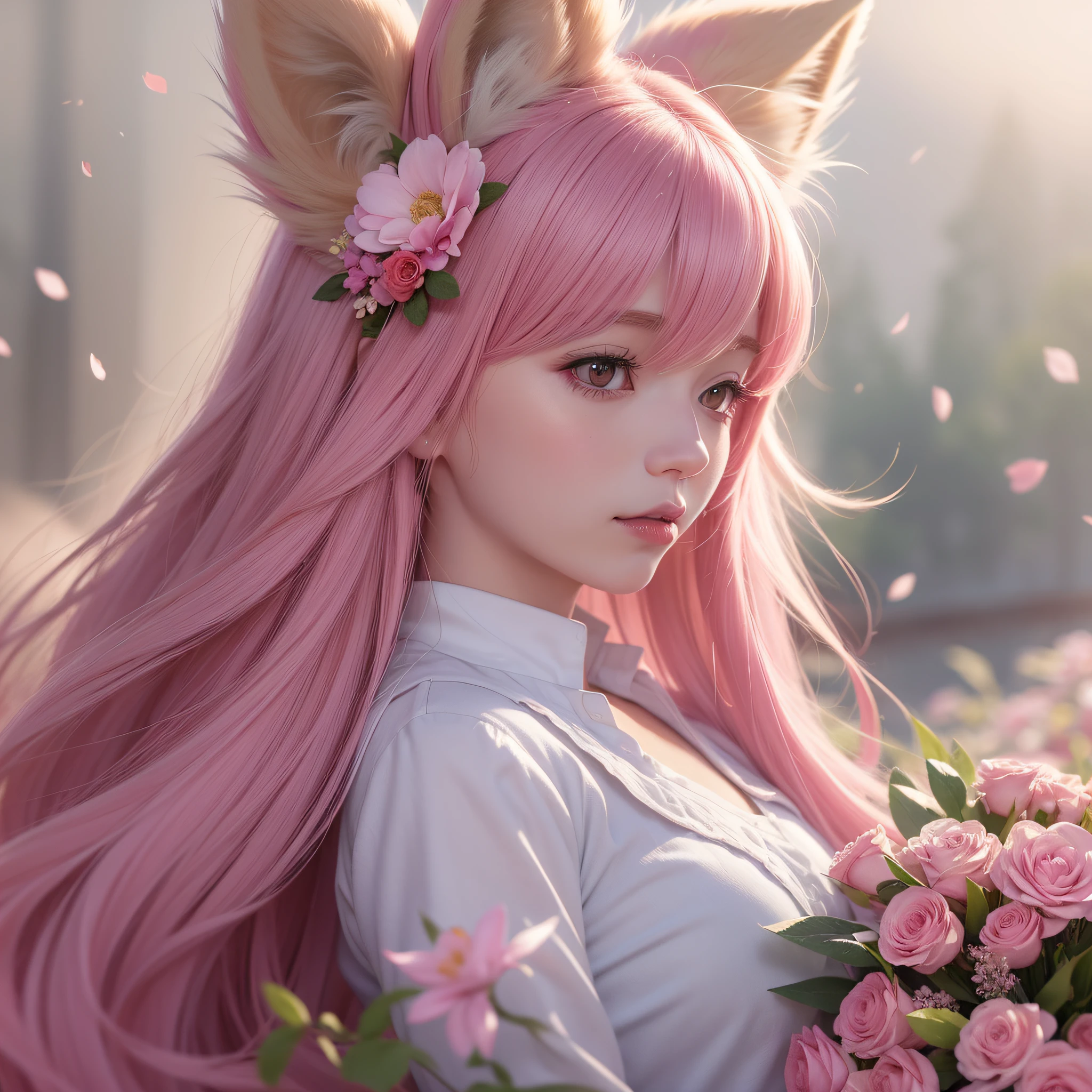 Nine snow-white fox tails (1.0), milky fox tail (1.0), fox close-up of nine tails, nine-tails, nine-tails, anime girl with pink hair and pink dress with flowers on her hair, very beautiful anime fox girl, beautiful anime fox girl, beautiful fantasy anime, guweiz, anime girl with fox ears, beautiful anime girl, very beautiful and cute fox girl, pink flower rain, background blur, anime style 4 K, anime fantasy artwork, 4k anime wallpaper, Artwork in the Guvez style