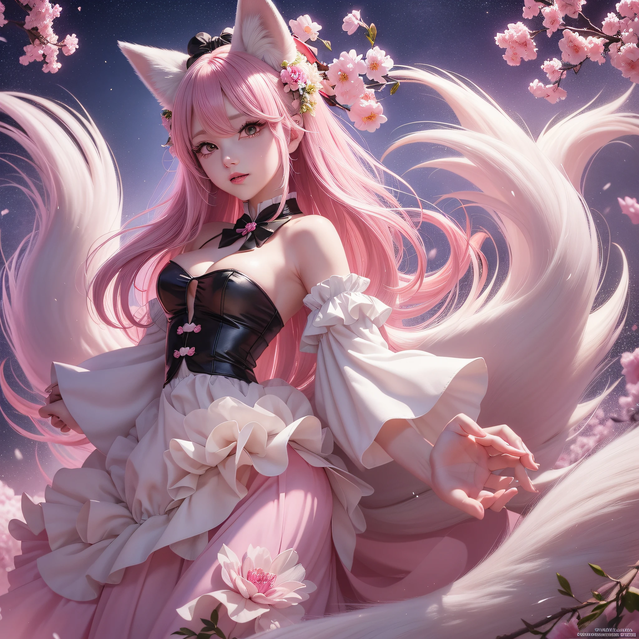 Nine snow-white fox tails (1.0), milky fox tail (1.0), fox close-up of nine tails, nine-tails, nine-tails, anime girl with pink hair and pink dress with flowers on her hair, very beautiful anime fox girl, beautiful anime fox girl, beautiful fantasy anime, guweiz, anime girl with fox ears, beautiful anime girl, very beautiful and cute fox girl, pink flower rain, background blur, anime style 4 K, anime fantasy artwork, 4k anime wallpaper, Artwork in the Guvez style