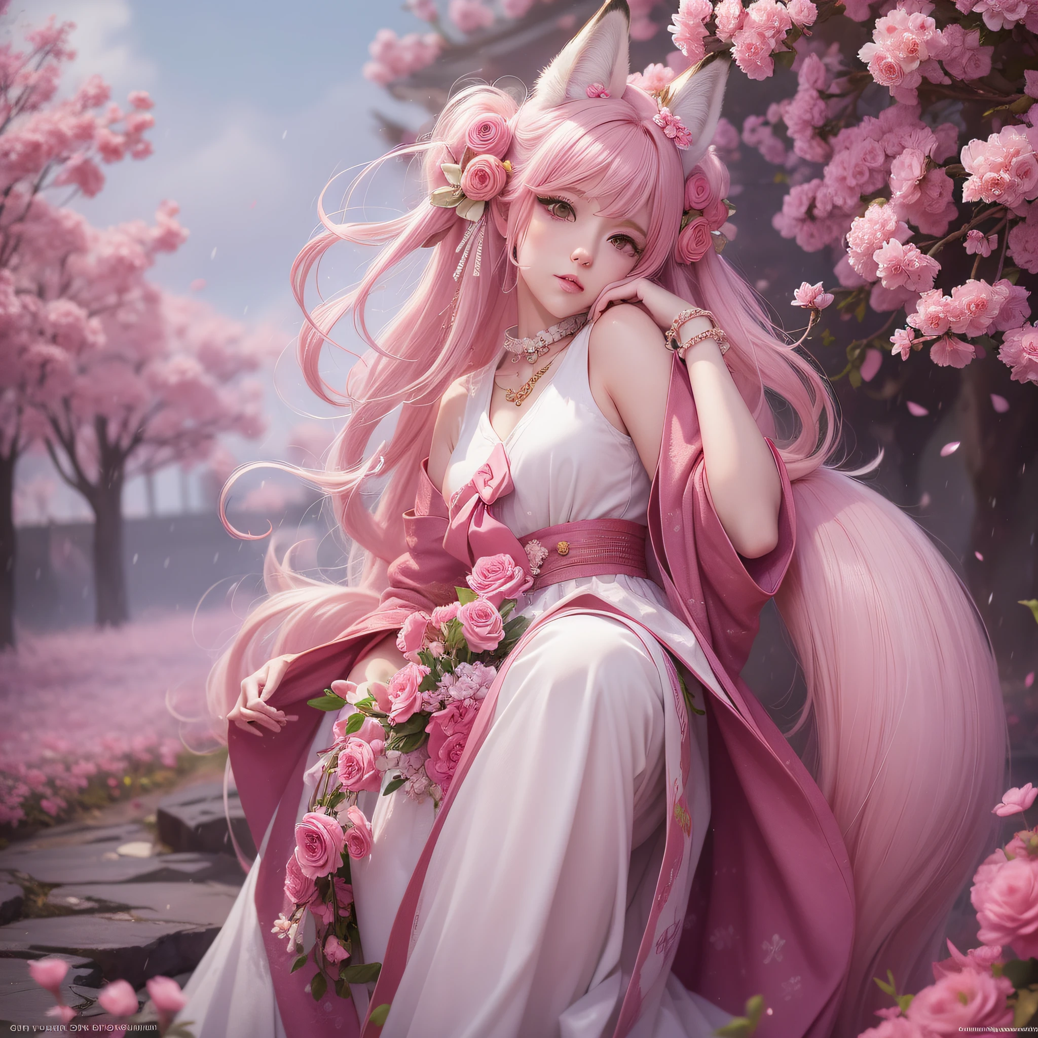 Nine snow-white fox tails (1.0), milky fox tail (1.0), fox close-up of nine tails, nine-tails, nine-tails, anime girl with pink hair and pink dress with flowers on her hair, very beautiful anime fox girl, beautiful anime fox girl, beautiful fantasy anime, guweiz, anime girl with fox ears, beautiful anime girl, very beautiful and cute fox girl, pink flower rain, background blur, anime style 4 K, anime fantasy artwork, 4k anime wallpaper, Artwork in the Guvez style