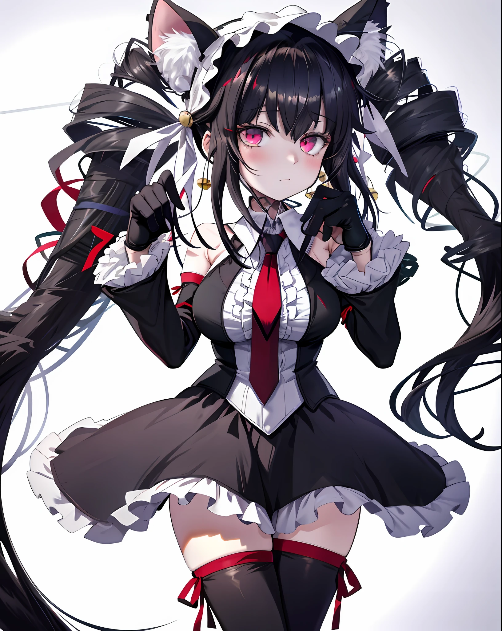1girl,solo,large breasts, standing,cowboy shot, fake cat ears, illyabeast cosplay,paw gloves, blush, elbow gloves, hair bell, black hair,black thighhighs, ribbon,animal, Celestia Ludenburg, has black hair in two large twin-drill pigtails, red eyes