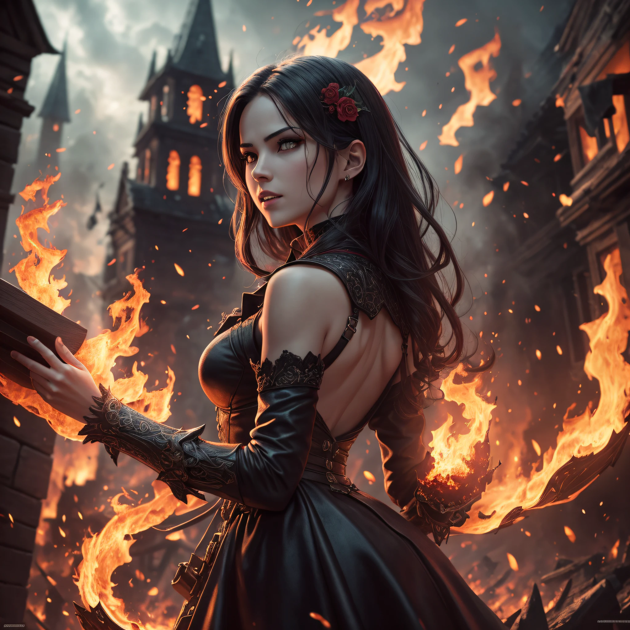 (Very detailed 8k wallpaper) +, a medium shot photo of a sexy female vampire summoning flames in a burning and destroyed village, dark style, complex, high detail, dramatic, masterpiece of the highest quality, realistic, detailed, 8k, HDR, backlit, blooming, light fire, chromatic aberration, clear focus --auto --s2