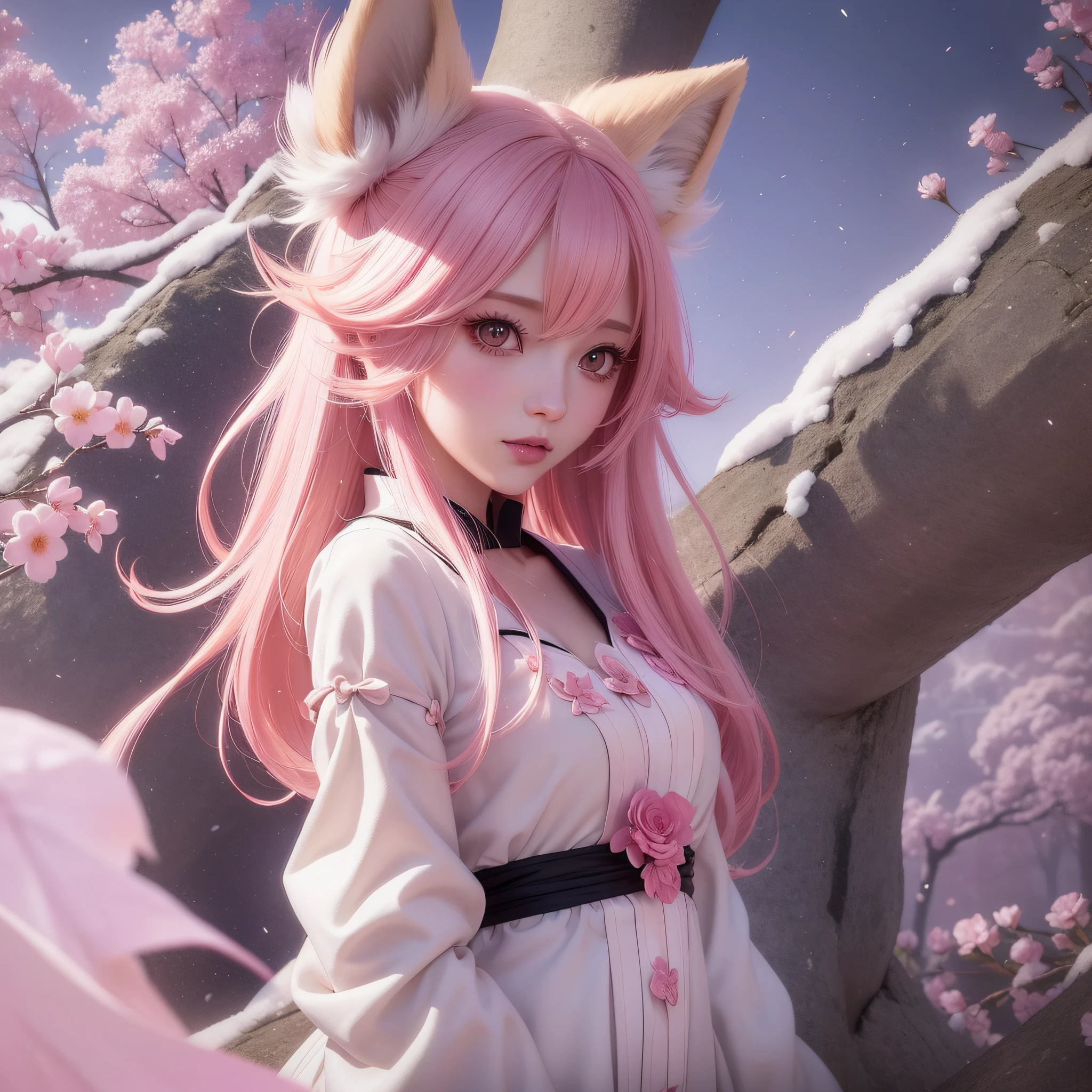 Nine snow-white fox tails (1.0), milky fox tail (1.0), fox close-up of nine tails, nine-tails, nine-tails, anime girl with pink hair and pink dress with flowers on her hair, very beautiful anime fox girl, beautiful anime fox girl, beautiful fantasy anime, guweiz, anime girl with fox ears, beautiful anime girl, very beautiful and cute fox girl, pink flower rain, background blur, anime style 4 K, anime fantasy artwork, 4k anime wallpaper, Artwork in the Guvez style