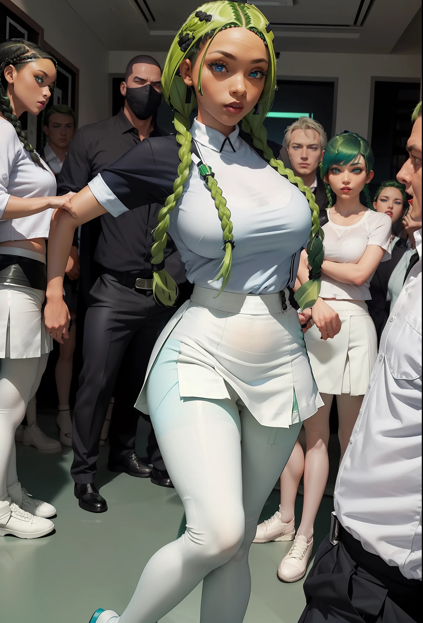((Full body photo)). Laura/woman/Chinese large breasts are standing, (wearing (white high school clothes/black short skirt/white pantyhose with pants clip/extremely tight on body/extremely exhibitionist:1.5)), wearing (red lipstick on mouth:1.0), she is inside a classroom (crowded with men:1.5) sitting looking at her, she is looking at the viewer, smiling, posing. She has (very short green hair with braids:1.5) and (blue eyes:1.5), Mortal Kombat, anime, framed, symmetry, 16k, best quality, super detail, textured skin, UHD