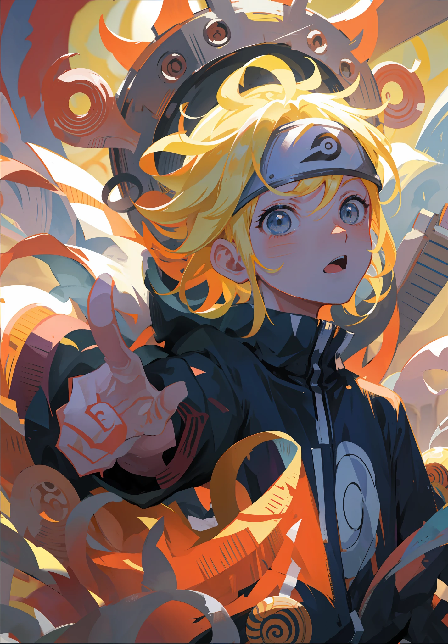 uzumaki naruto, 1boy, masterpiece, best quality,upper body,portrait, looking at viewer,close up, white shirt, sunshine, novel illustration,blurry foreground,