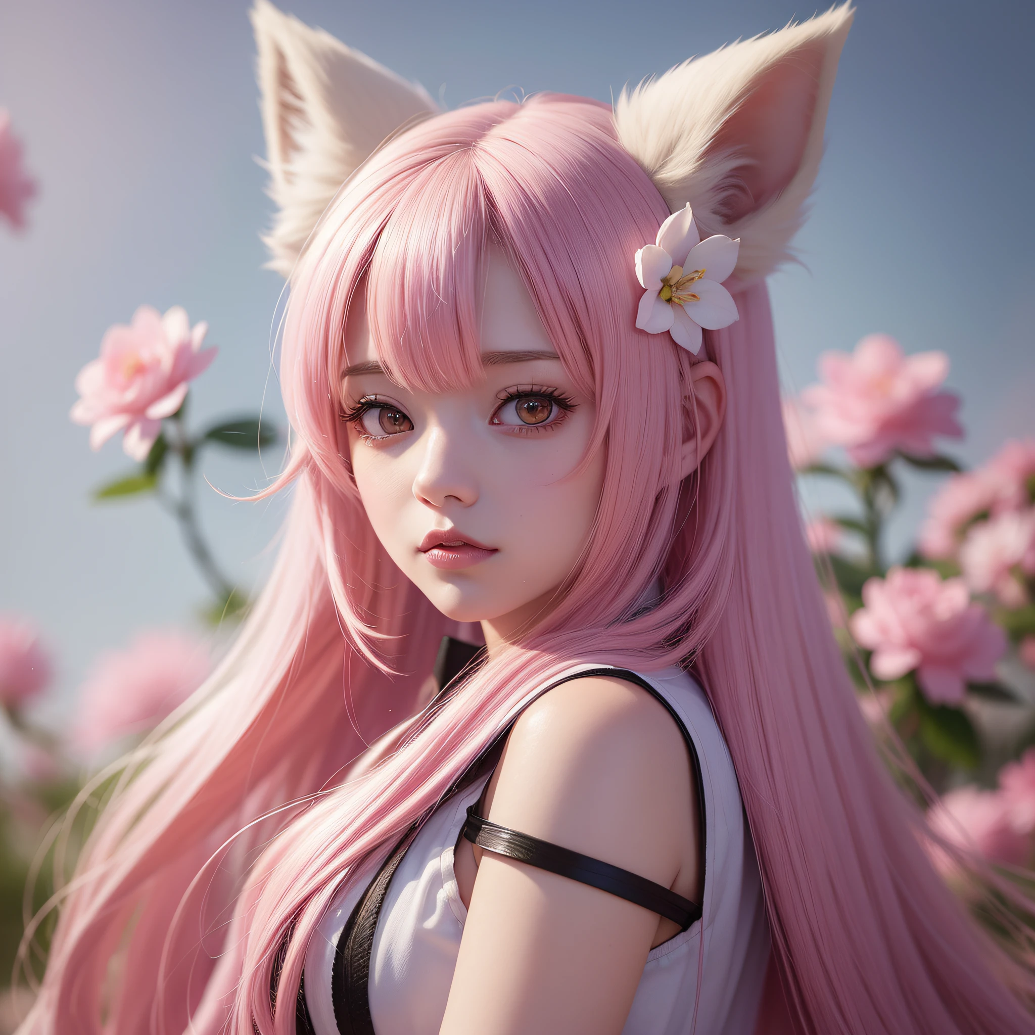 Nine snow-white fox tails (1.0), milky fox tail (1.0), fox close-up of nine tails, nine-tails, nine-tails, anime girl with pink hair and pink dress with flowers on her hair, very beautiful anime fox girl, beautiful anime fox girl, beautiful fantasy anime, guweiz, anime girl with fox ears, beautiful anime girl, very beautiful and cute fox girl, pink flower rain, background blur, anime style 4 K, anime fantasy artwork, 4k anime wallpaper, Artwork in the Guvez style
