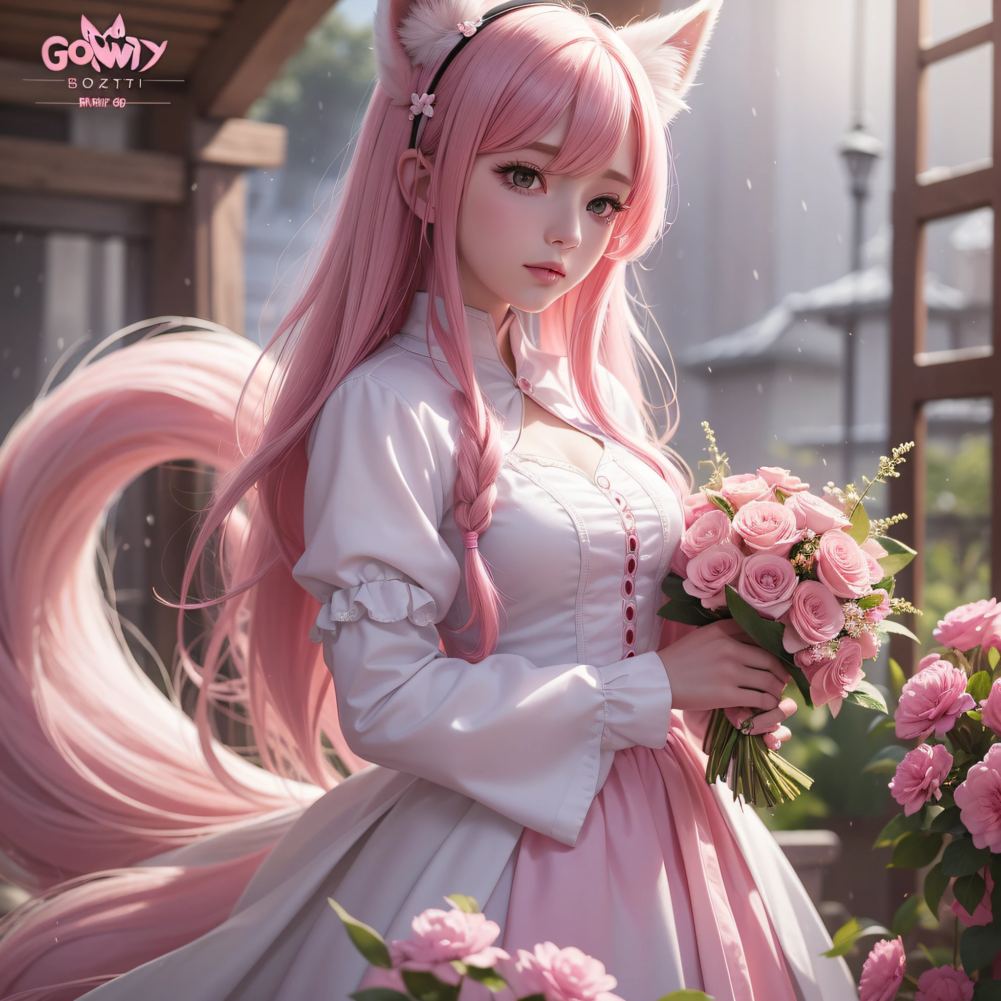 Nine snow-white fox tails (1.0), milky fox tail (1.0), fox close-up of nine tails, nine-tails, nine-tails, anime girl with pink hair and pink dress with flowers on her hair, very beautiful anime fox girl, beautiful anime fox girl, beautiful fantasy anime, guweiz, anime girl with fox ears, beautiful anime girl, very beautiful and cute fox girl, pink flower rain, background blur, anime style 4 K, anime fantasy artwork, 4k anime wallpaper, Artwork in the Guvez style