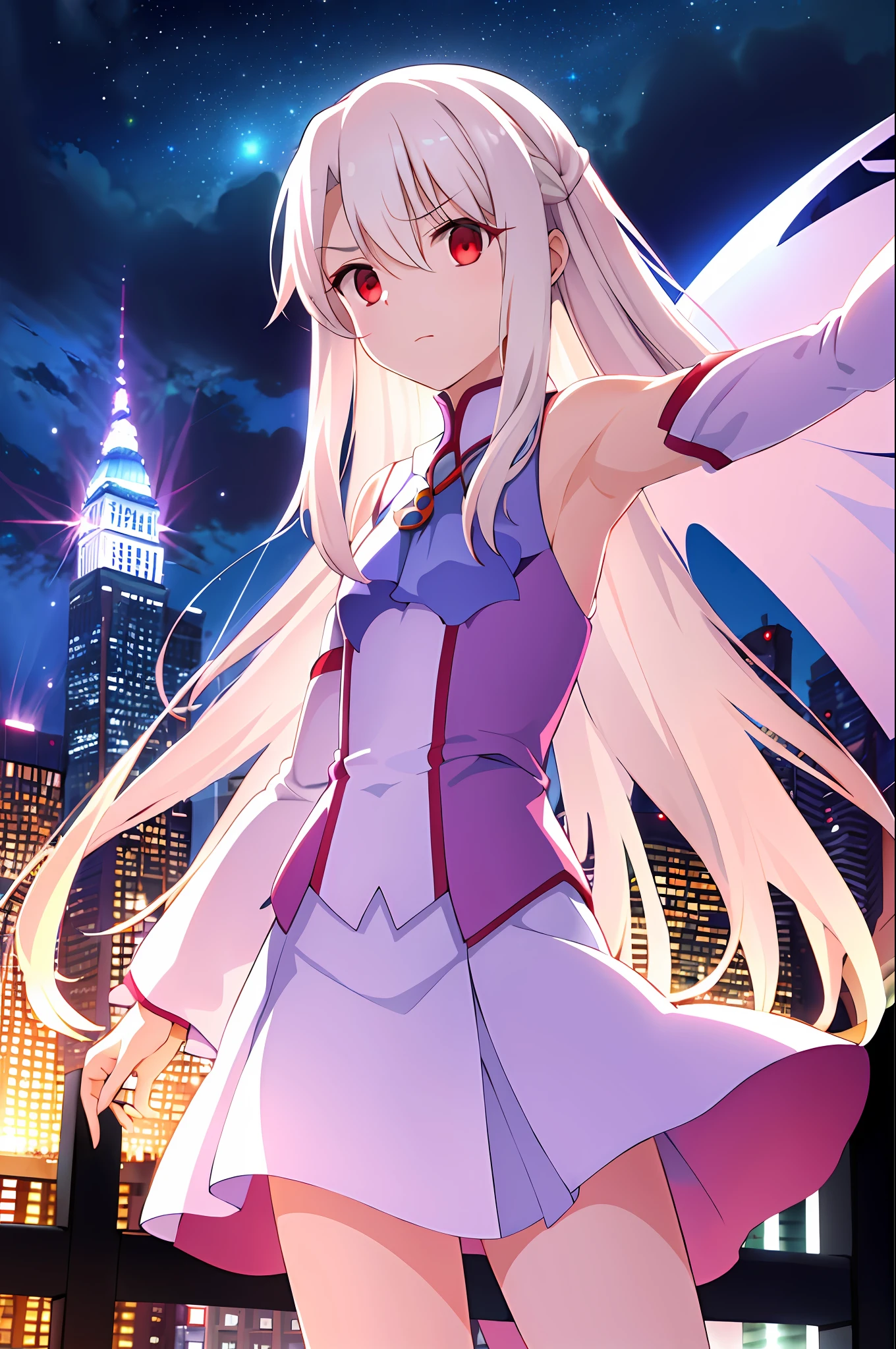 (masterpiece:1.4), (best quality:1.4), 1girl, solo, novel illustration, armpits,
red eyes, white hair, long hair, (illyasviel von einzbern:1.2), bangs, hair between eyes, (buruma), frown, angry
looking at viewer,
city, cityscape, sky, night