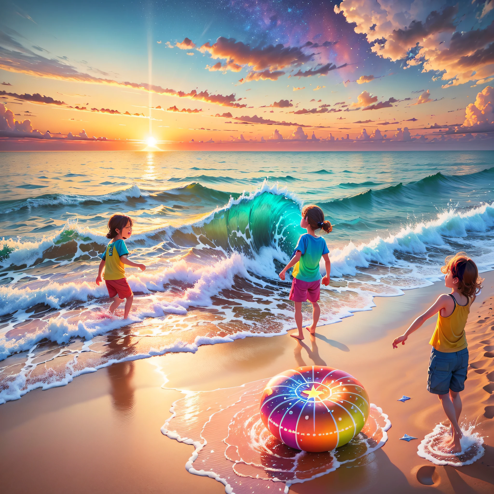 Realistic, ultra-high resolution, best image quality (summer solstice poster colorful: 1.5) colorful, beach waves, sunset, vibrant children, playing in the water, laughing and playing, enjoying the summer, refreshing sea breeze, beautiful clouds summer rhythm, ((summer solstice)), ((passionate)) --auto --s2