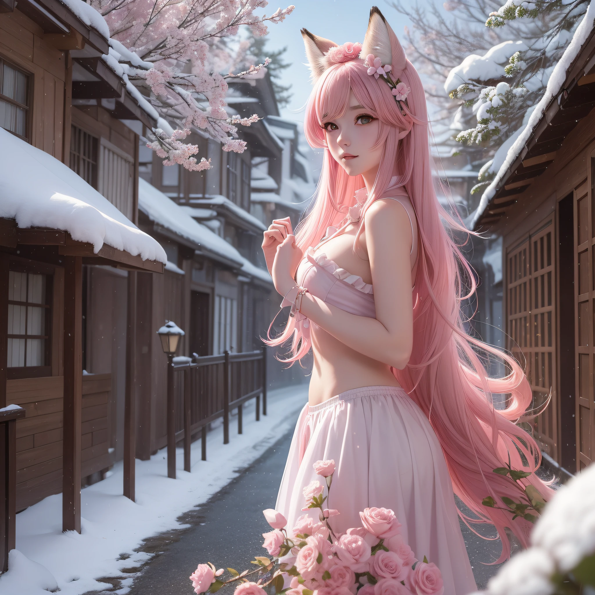 Nine snow-white fox tails (1.0), milky fox tail (1.0), fox close-up of nine tails, nine-tails, nine-tails, anime girl with pink hair and pink dress with flowers on her hair, very beautiful anime fox girl, beautiful anime fox girl, beautiful fantasy anime, guweiz, anime girl with fox ears, beautiful anime girl, very beautiful and cute fox girl, pink flower rain, background blur, anime style 4 K, anime fantasy artwork, 4k anime wallpaper, Artwork in the Guvez style