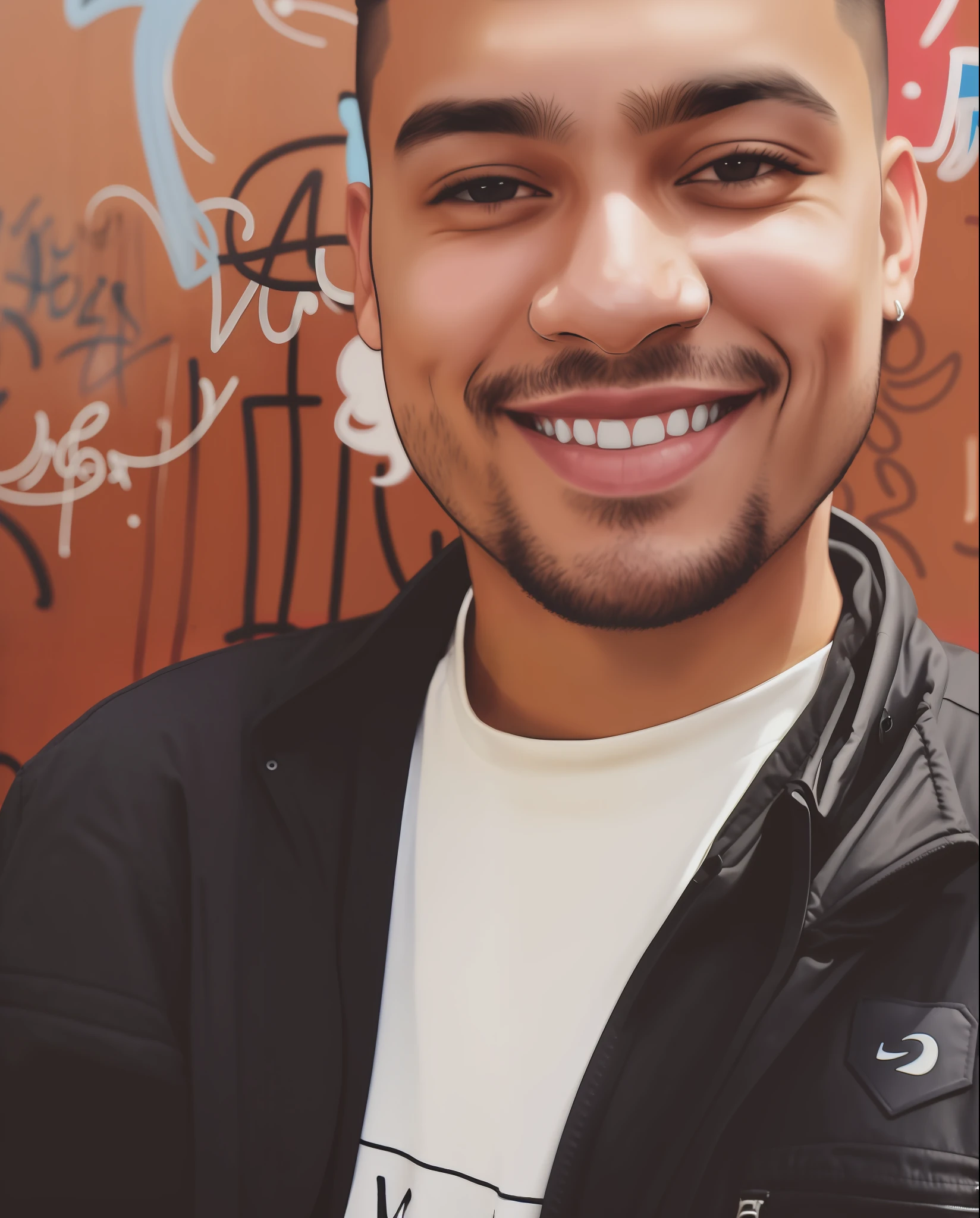Smiling man in black jacket standing in front of a wall with graffiti, headshot profile picture, Joel Torres, Caio Santos, portrait of Danny Gonzalez, Andrew Gonzalez, Twitch streamer/gamer Ludwig, Christian Orrillo, profile picture, slightly smiling, profile picture, 4k, high quality, realistic, very slightly smiling, Reddit Post --auto --s2