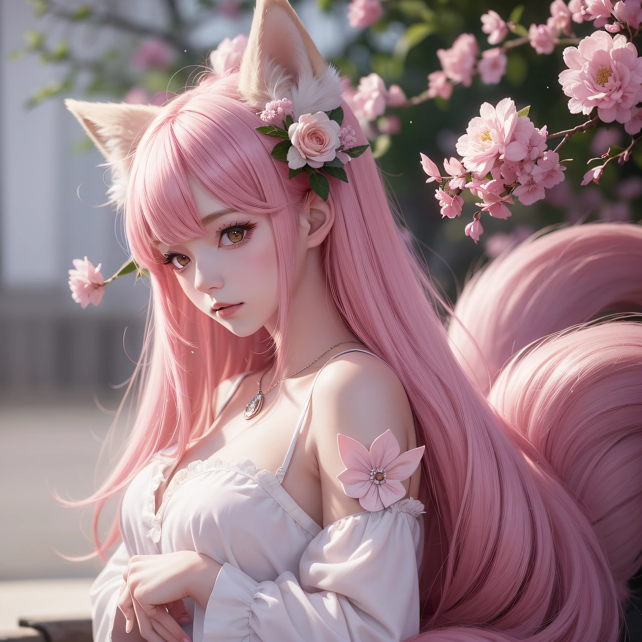 Nine snow-white fox tails (1.0), milky fox tail (1.0), fox close-up of nine tails, nine-tails, nine-tails, anime girl with pink hair and pink dress with flowers on her hair, very beautiful anime fox girl, beautiful anime fox girl, beautiful fantasy anime, guweiz, anime girl with fox ears, beautiful anime girl, very beautiful and cute fox girl, pink flower rain, background blur, anime style 4 K, anime fantasy artwork, 4k anime wallpaper, Artwork in the Guvez style