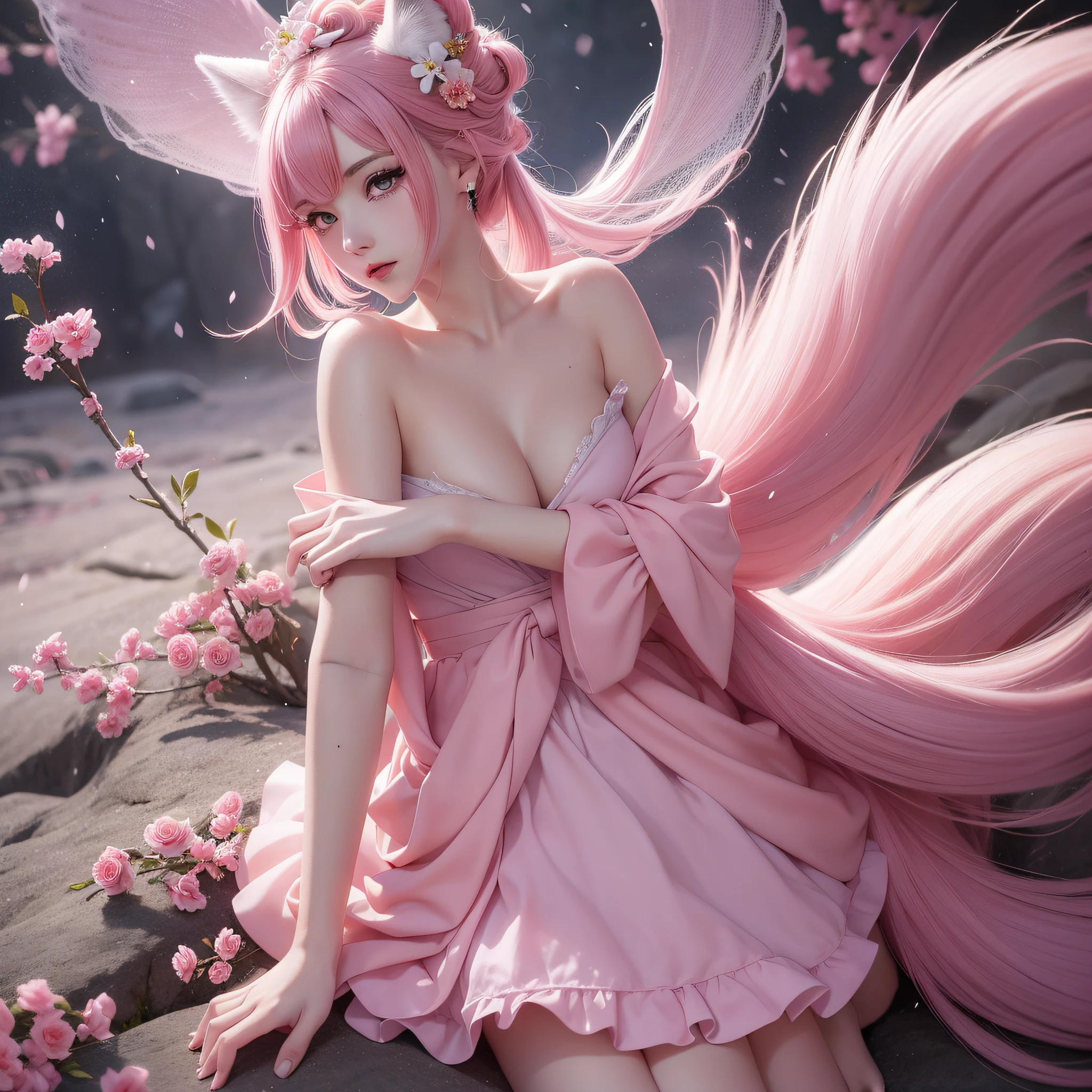 Nine snow-white fox tails (1.0), milky fox tail (1.0), fox close-up of nine tails, nine-tails, nine-tails, anime girl with pink hair and pink dress with flowers on her hair, very beautiful anime fox girl, beautiful anime fox girl, beautiful fantasy anime, guweiz, anime girl with fox ears, beautiful anime girl, very beautiful and cute fox girl, pink flower rain, background blur, anime style 4 K, anime fantasy artwork, 4k anime wallpaper, Artwork in the Guvez style