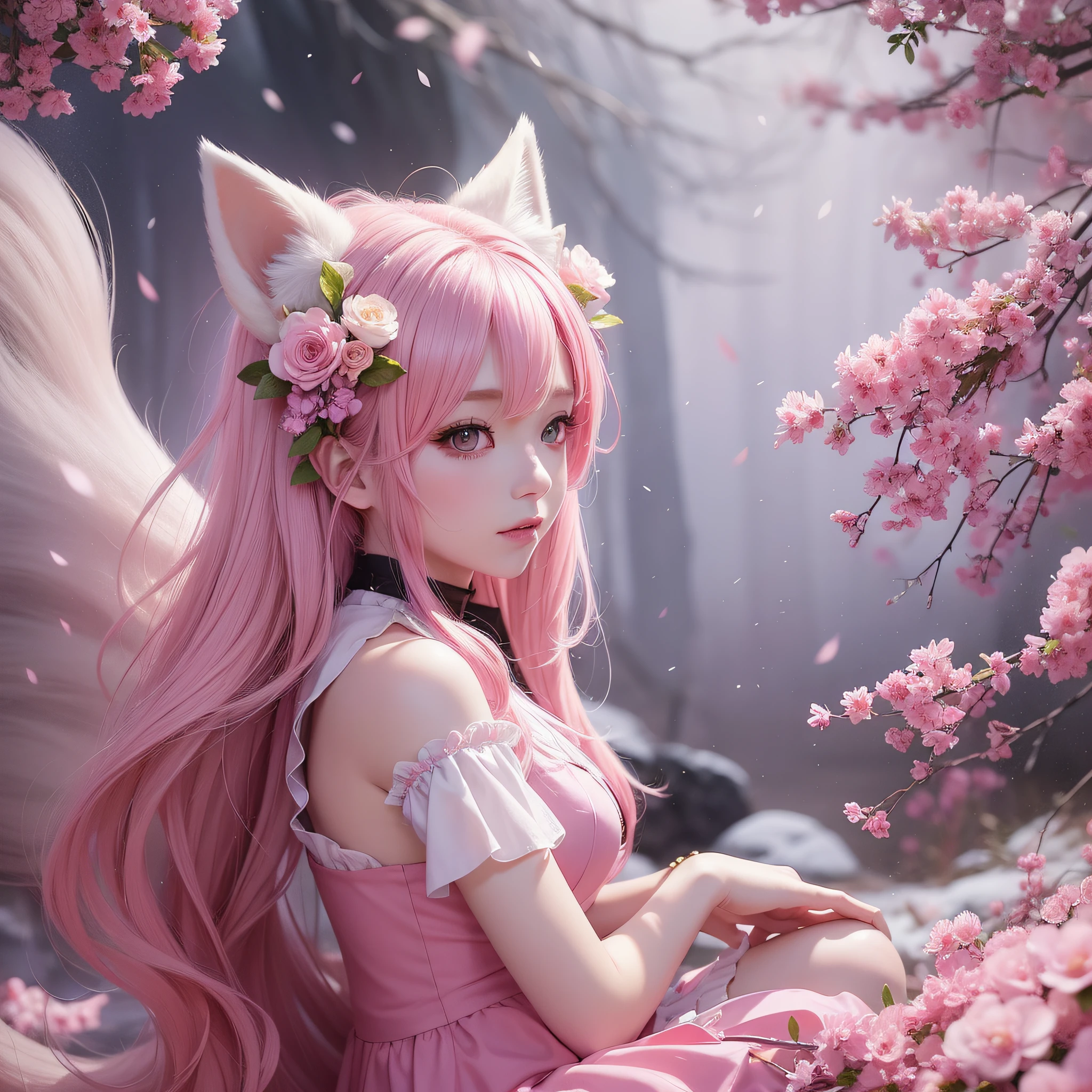 Nine snow-white fox tails (1.0), milky fox tail (1.0), fox close-up of nine tails, nine-tails, nine-tails, anime girl with pink hair and pink dress with flowers on her hair, very beautiful anime fox girl, beautiful anime fox girl, beautiful fantasy anime, guweiz, anime girl with fox ears, beautiful anime girl, very beautiful and cute fox girl, pink flower rain, background blur, anime style 4 K, anime fantasy artwork, 4k anime wallpaper, Artwork in the Guvez style