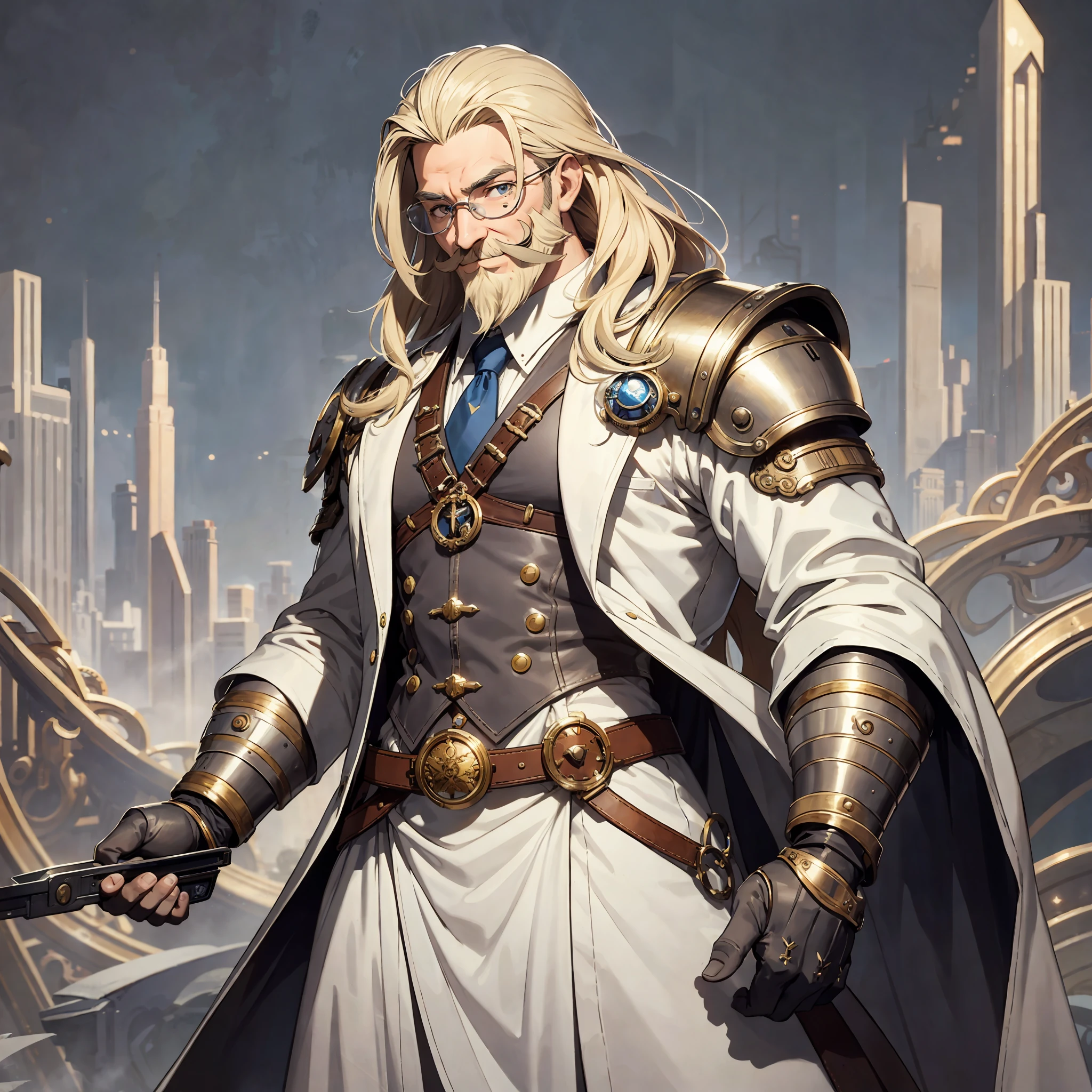 Courageous man, smiling, long blond hair, handlebar mustache and beard, muscular build, wearing a white steampunk lab coat armor suit, has a pair of goggles on his forehead, full body rendition, highly detailed, character art, DnD style, fantasy workshop background --auto --s2